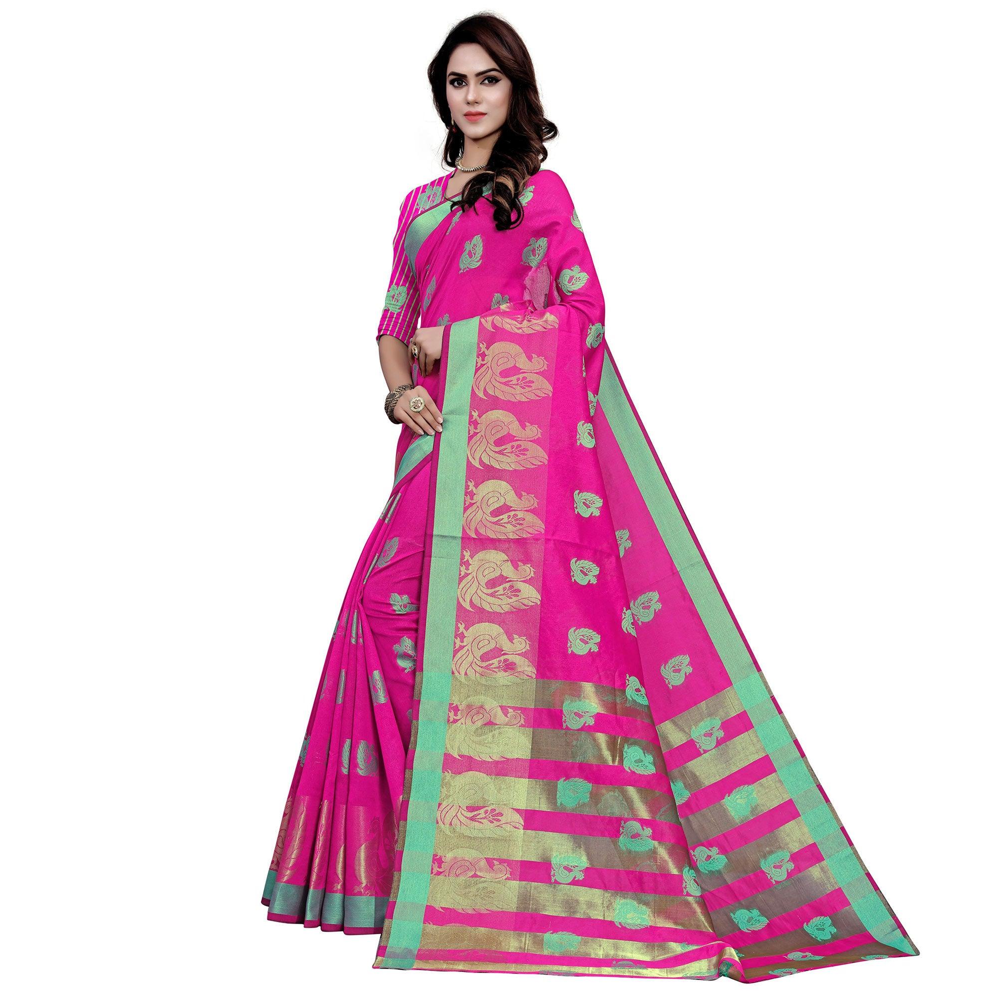 Charming Pink Colored Festive Wear Woven Work Art Silk Saree - Peachmode