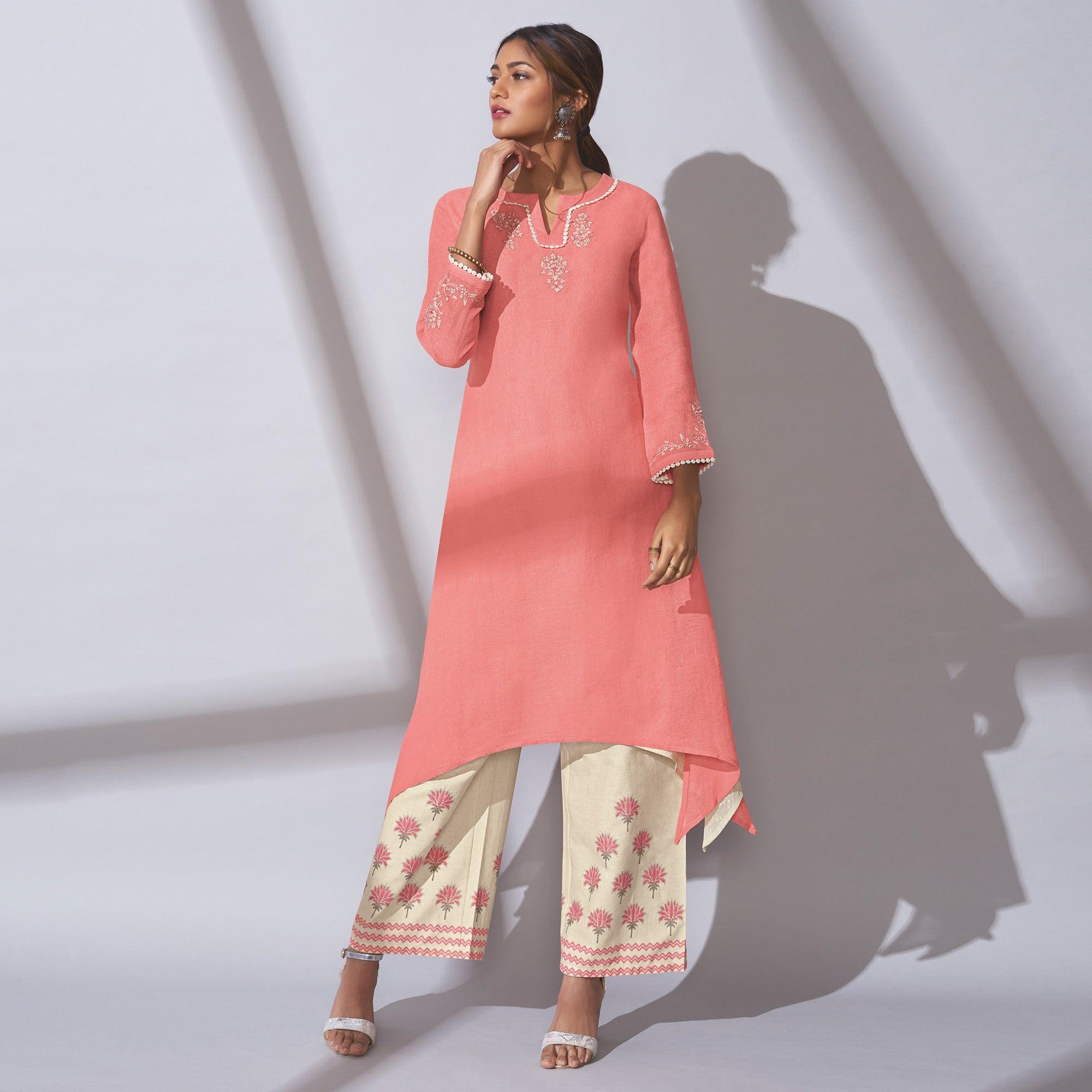 Charming Pink Colored Party Wear Embroidered Khadi Cotton Kurti-Palazzo Set - Peachmode