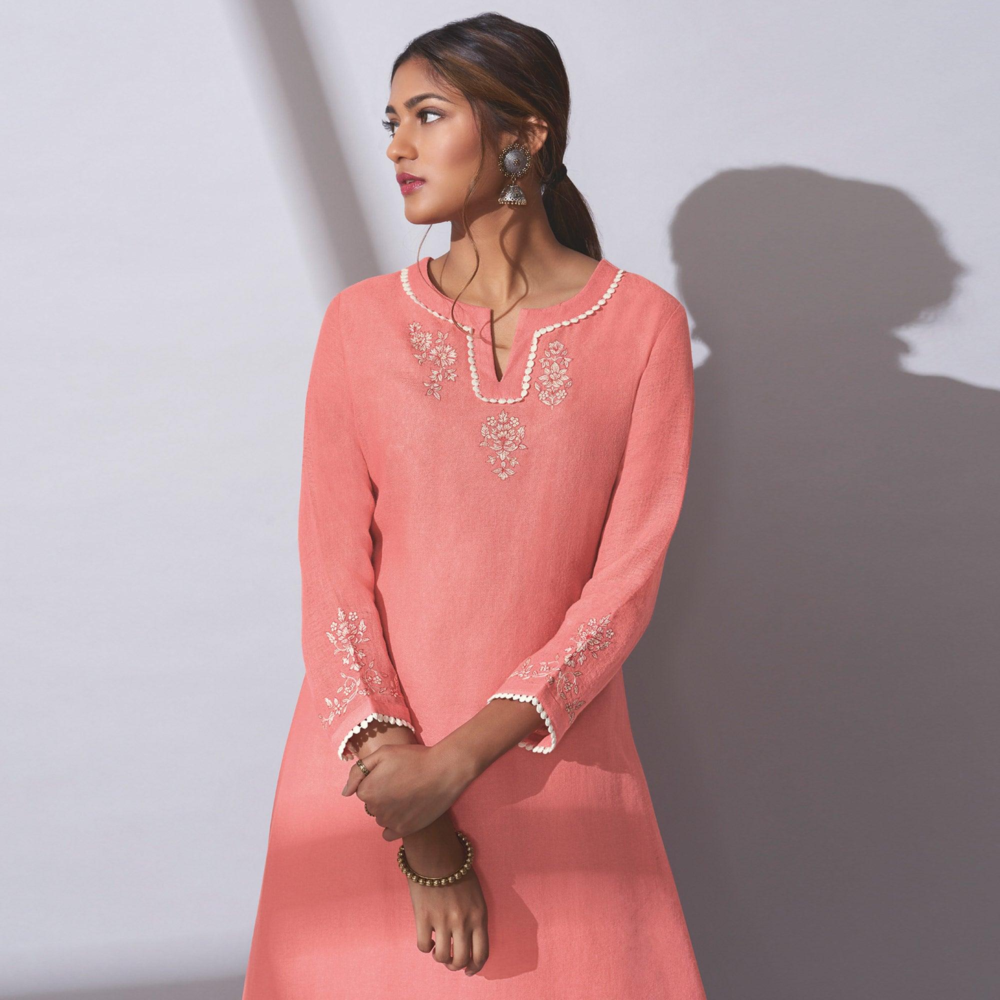 Charming Pink Colored Party Wear Embroidered Khadi Cotton Kurti-Palazzo Set - Peachmode