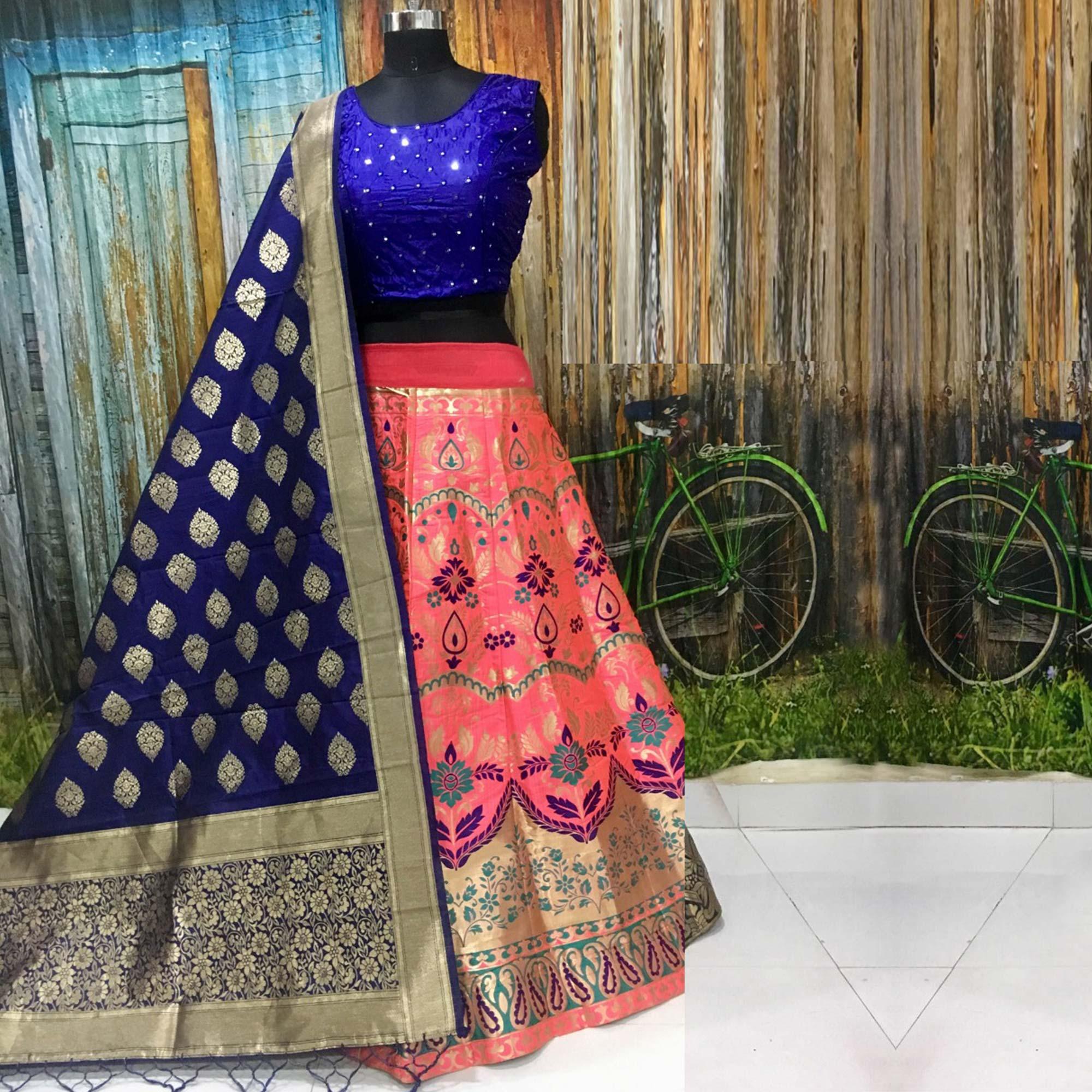 Charming Pink Colored Party Wear Woven Banarasi Silk Lehenga Choli - Peachmode