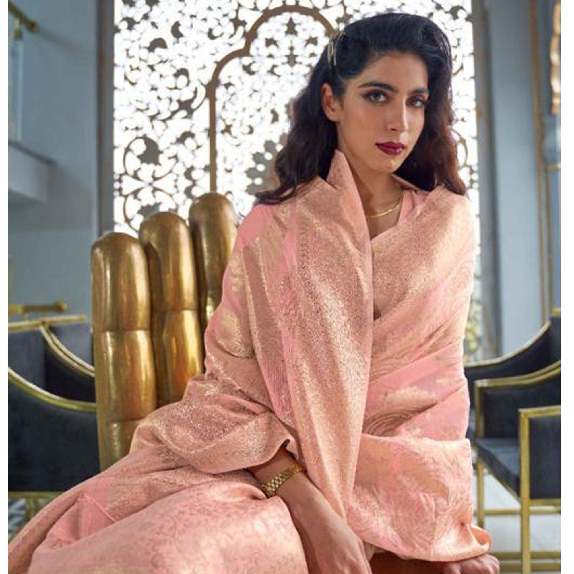 Charming Pink Coloured Partywear Pure Modal Woven Silk Saree - Peachmode