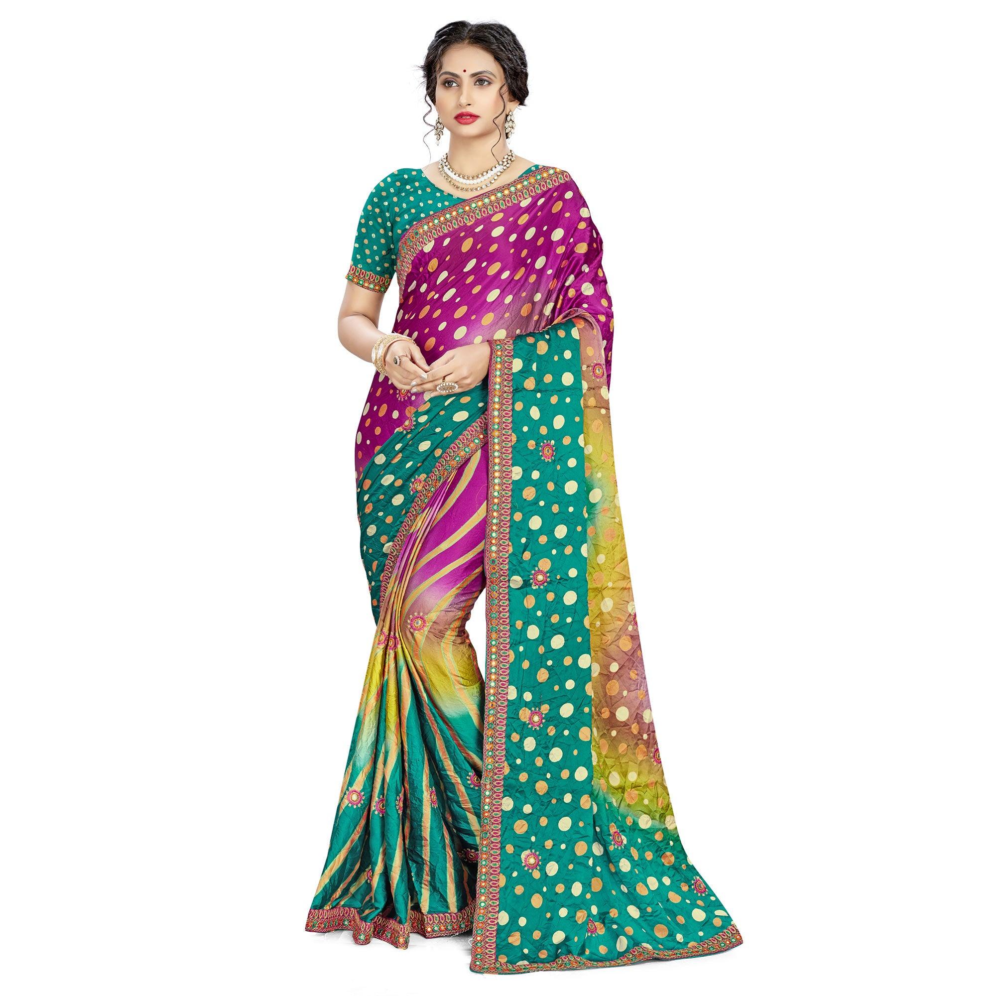 Charming Purple - Green Colored Casual Wear Printed Satin Saree - Peachmode