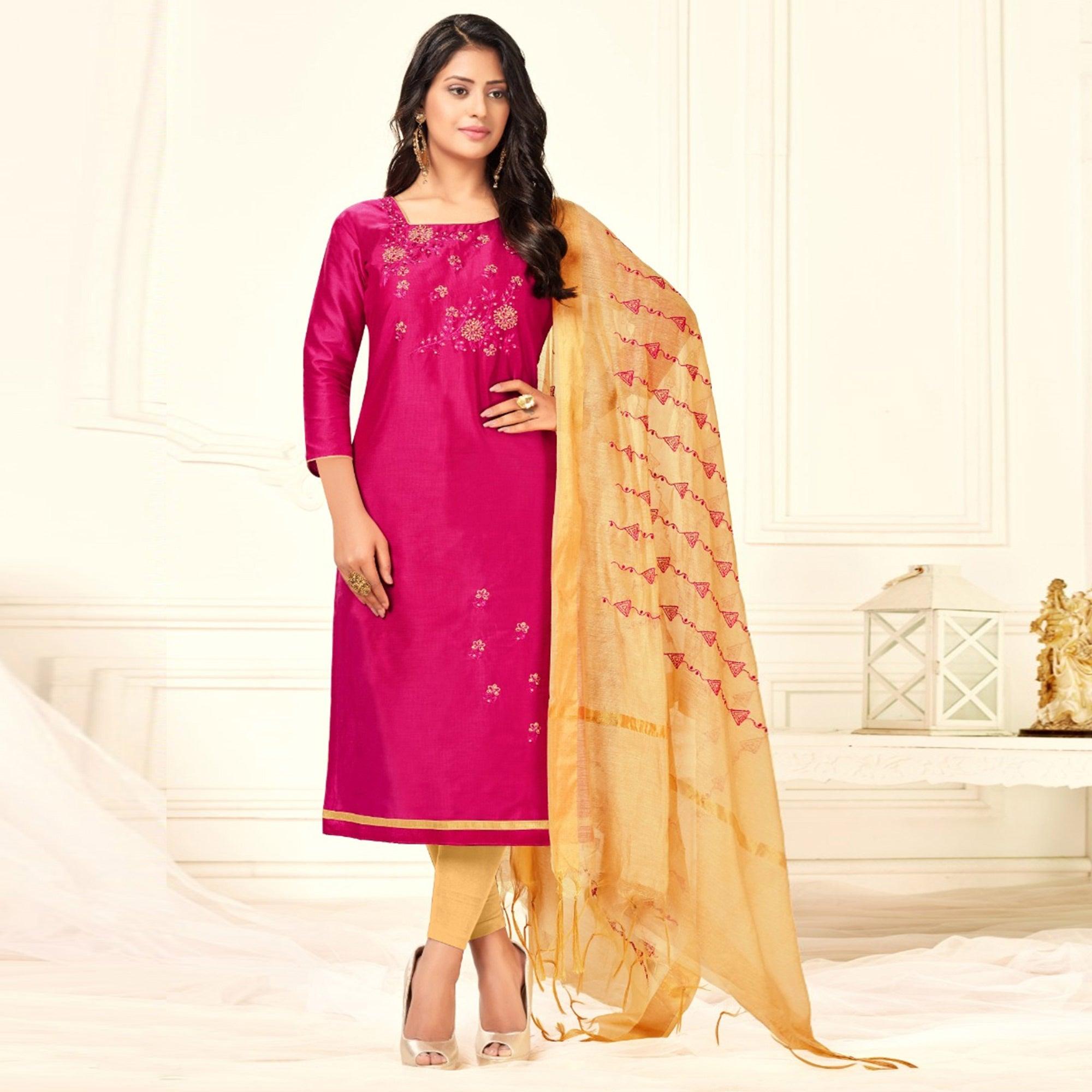 Charming Rani Pink Colored Casual Wear Embroidered Cotton Dress Material - Peachmode