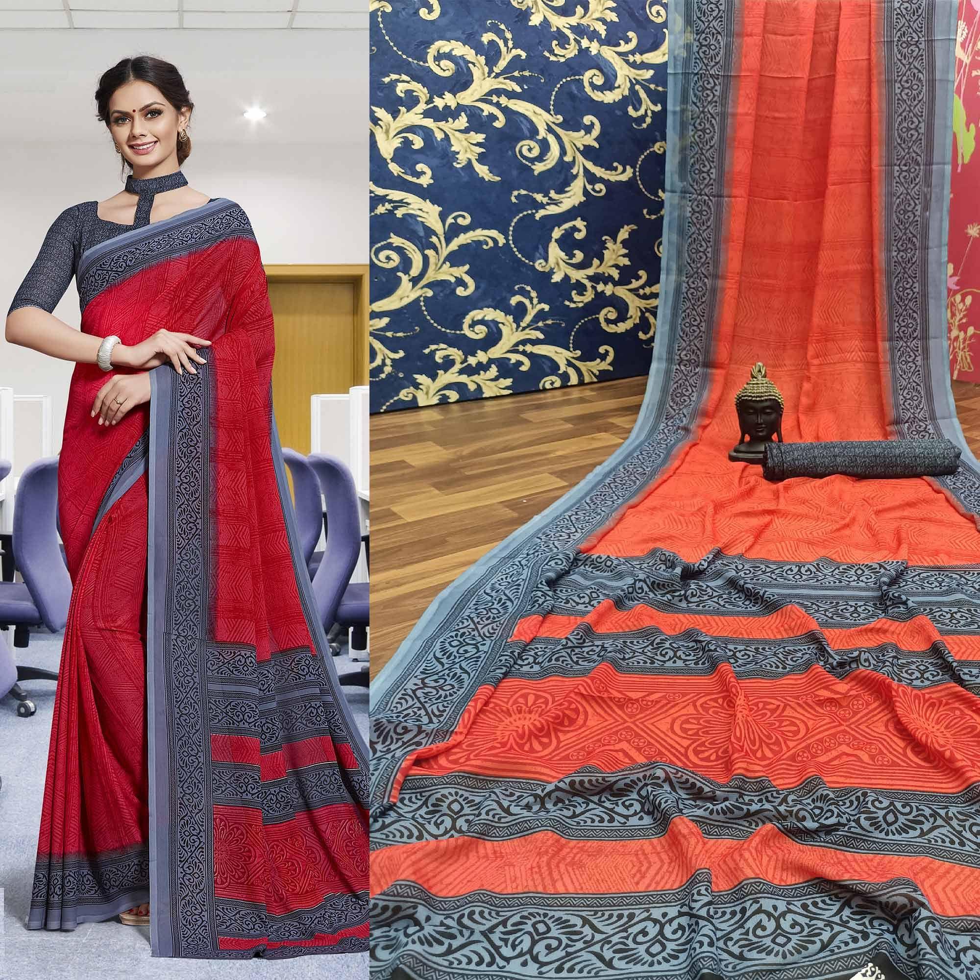 Charming Red Colored Casual Printed Georgette Saree - Peachmode