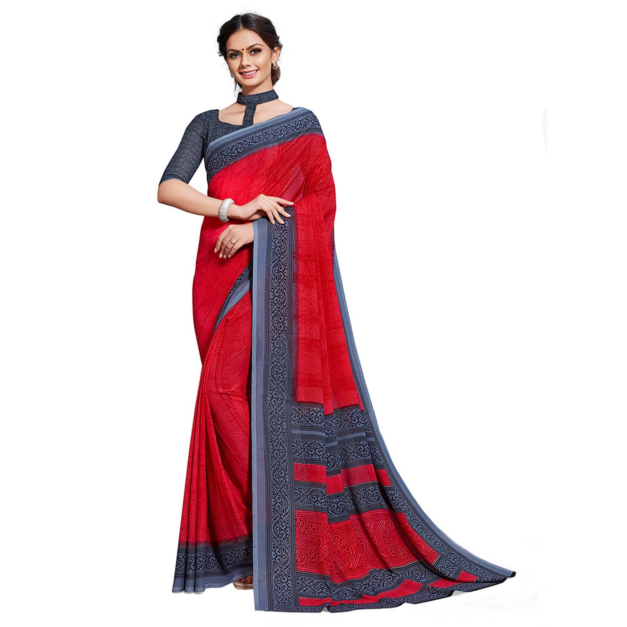 Charming Red Colored Casual Printed Georgette Saree - Peachmode