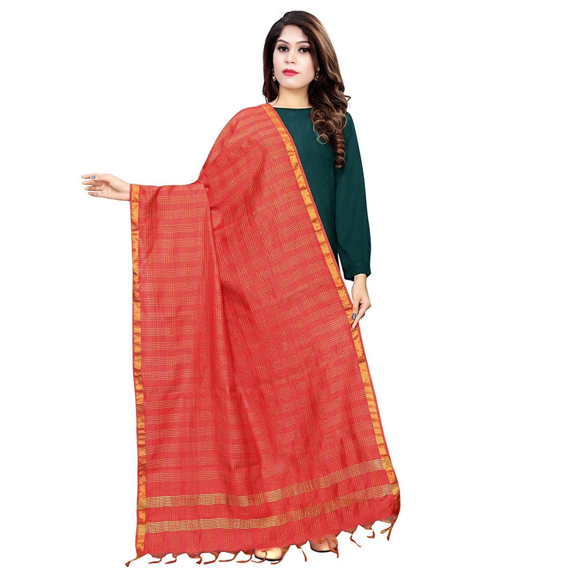 Charming Red Colored Festive Wear Cotton Silk Dupatta - Peachmode