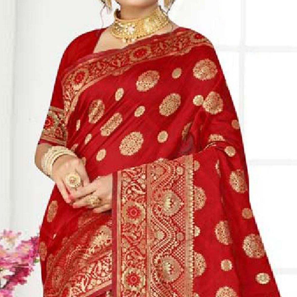 Charming Red Colored Festive Wear Woven Art Silk Saree - Peachmode