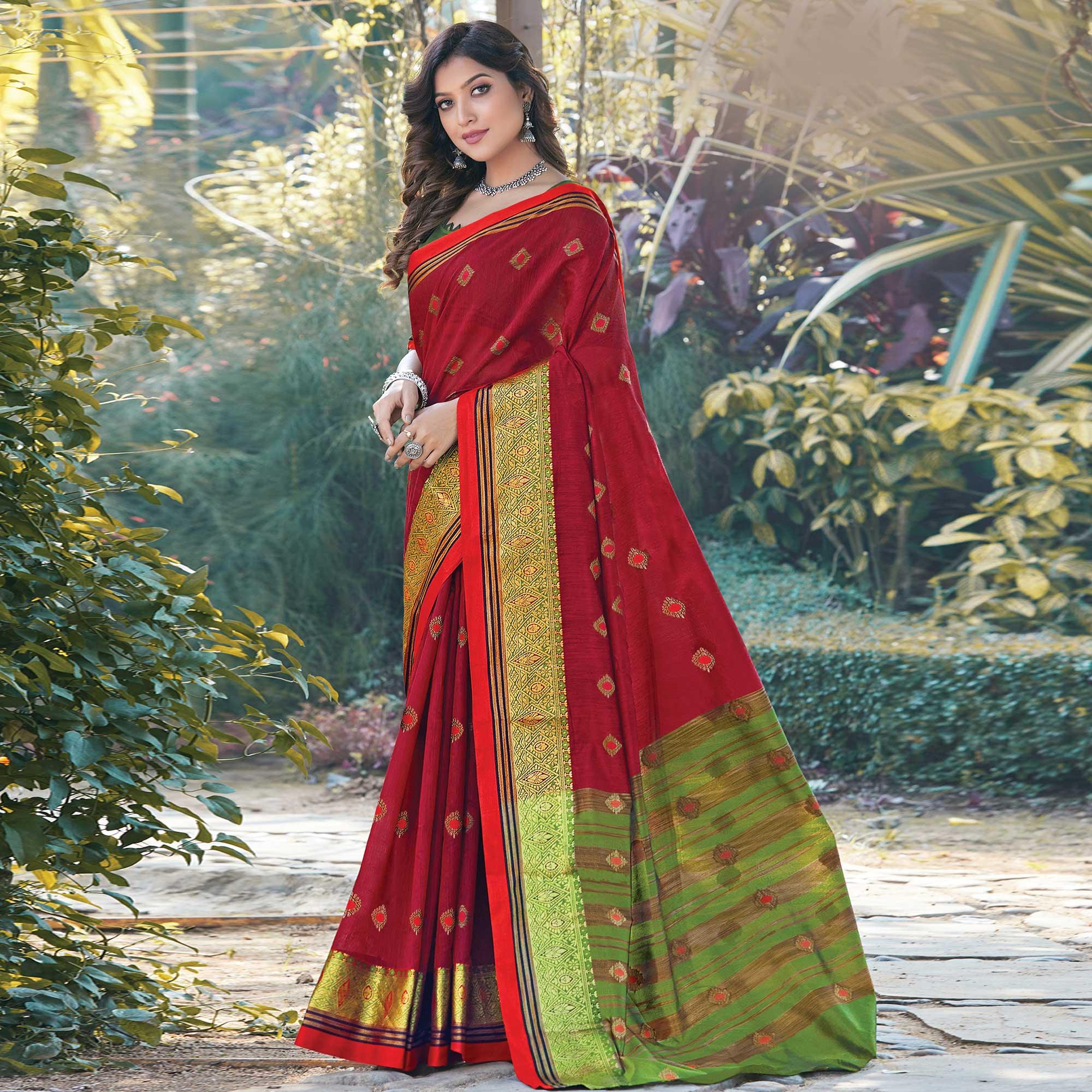 Charming Red Colored Festive Wear Woven Cotton Saree - Peachmode