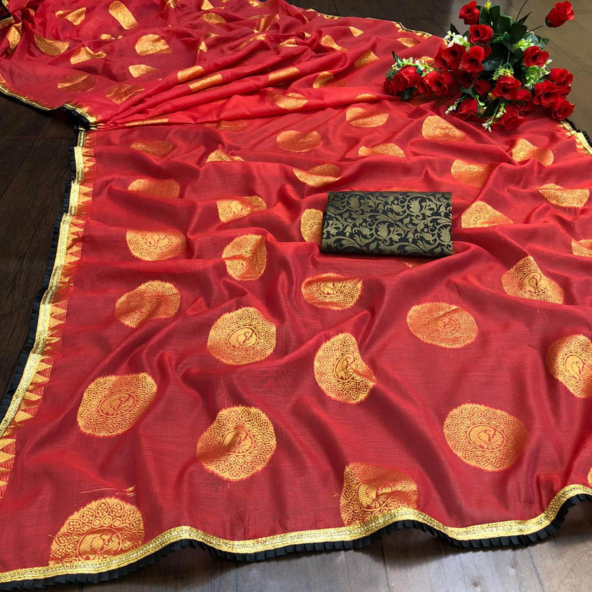 Charming Red Colored Festive Wear Woven Cotton Saree - Peachmode