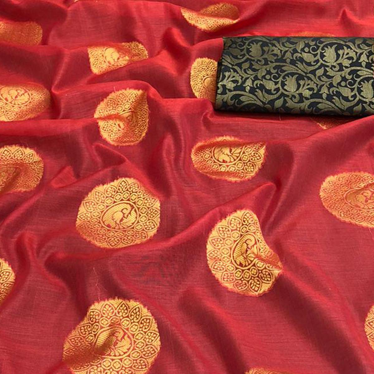 Charming Red Colored Festive Wear Woven Cotton Saree - Peachmode