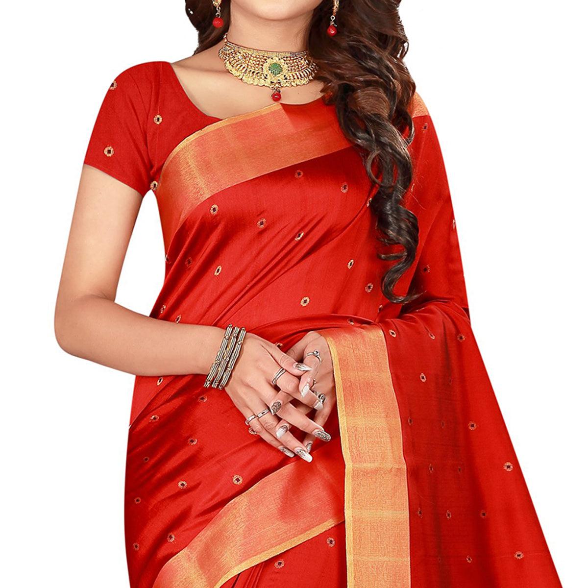 Charming Red Colored Festive Wear Woven Cotton Silk Saree - Peachmode