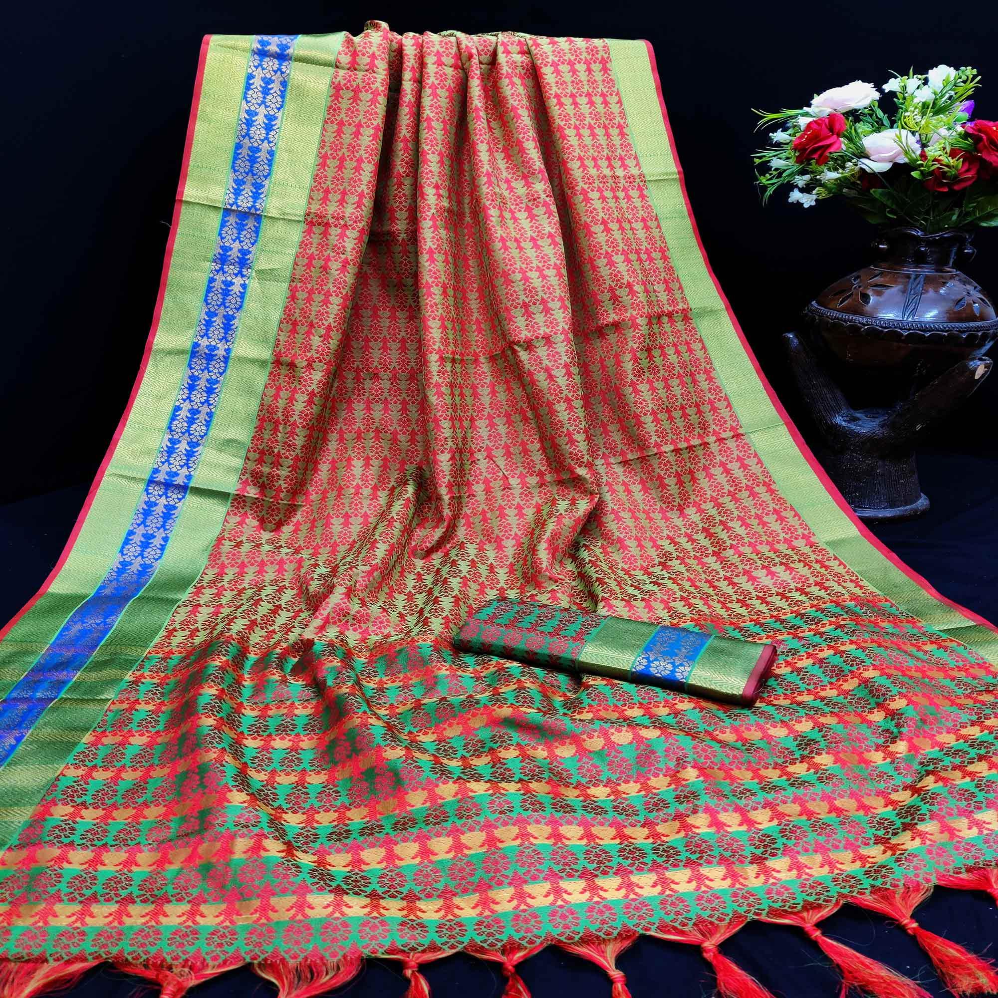 Charming Red Colored Festive Wear Woven Jacqaurd Silk Saree - Peachmode