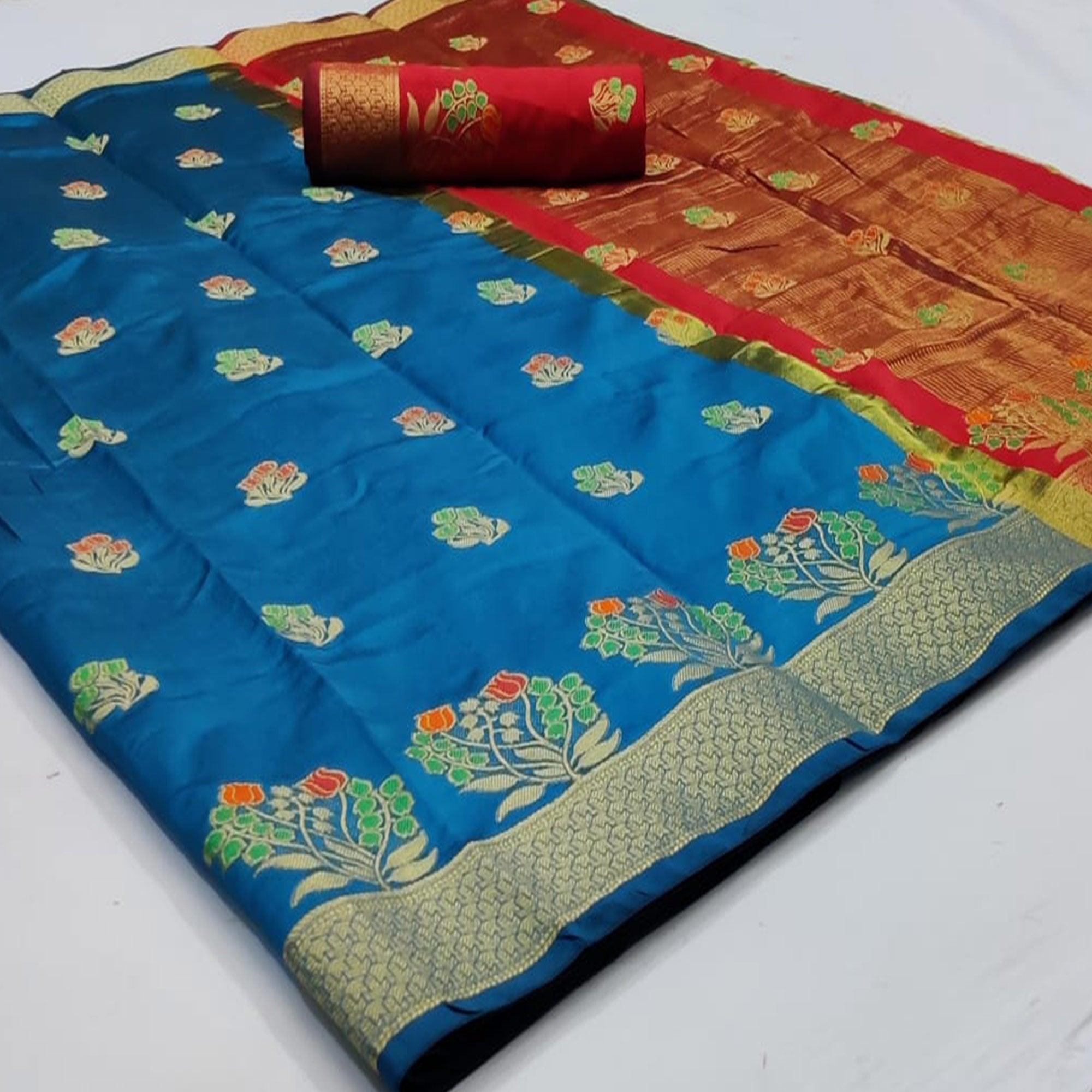 Charming Royal Blue Colored Festive Wear Woven Soft Silk Saree - Peachmode