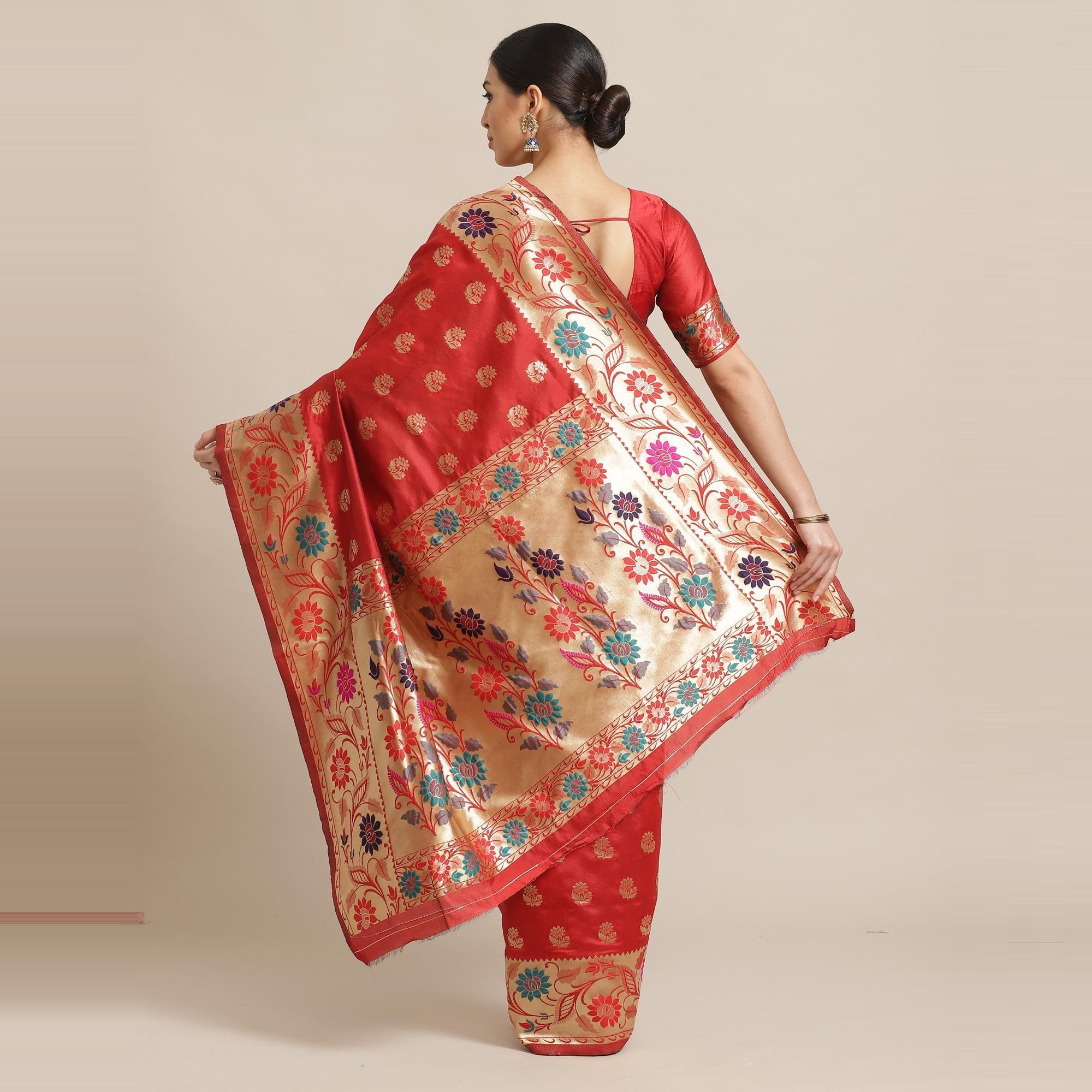 Charming Rust Colored Festive Wear Woven Silk Blend Banarasi Saree - Peachmode