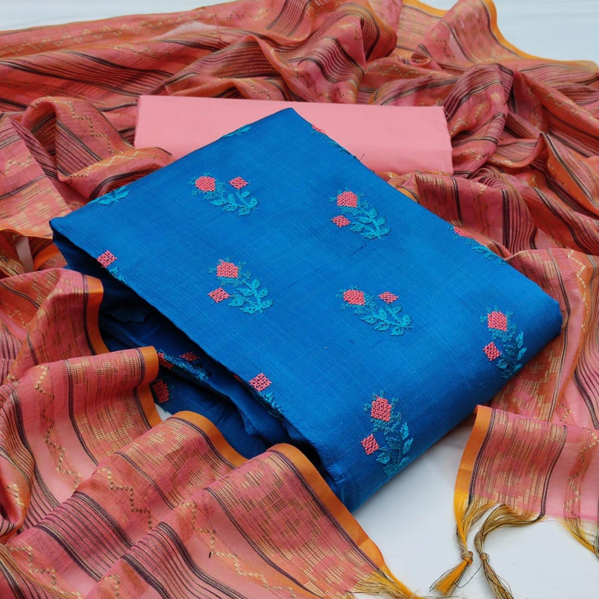 Charming Sky Blue Colored Casual Wear Embroidered Banarasi Cotton Dress Material - Peachmode