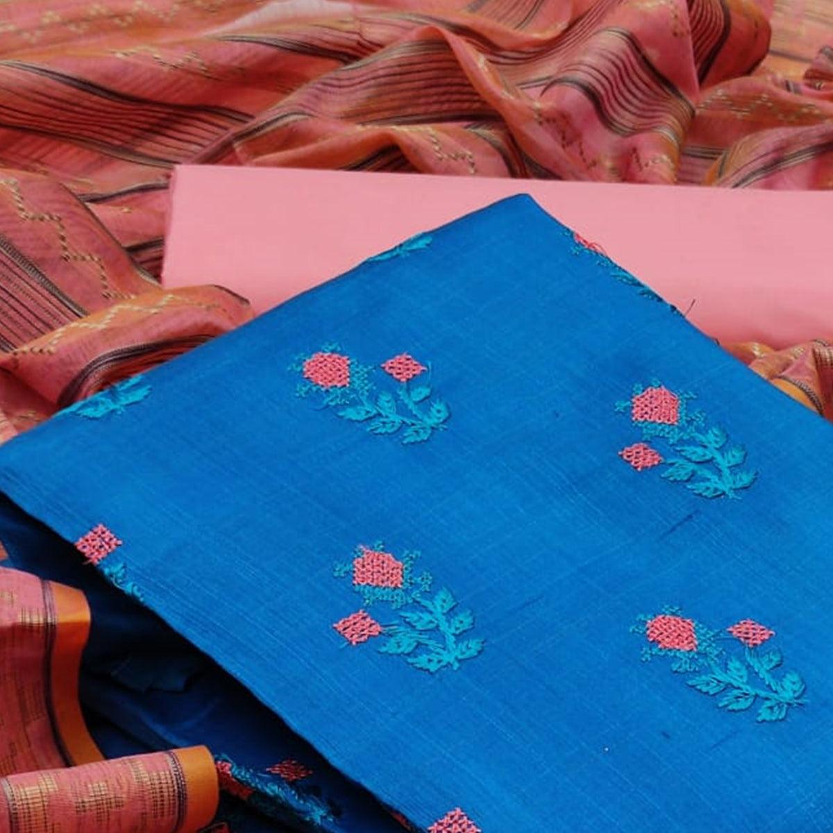 Charming Sky Blue Colored Casual Wear Embroidered Banarasi Cotton Dress Material - Peachmode