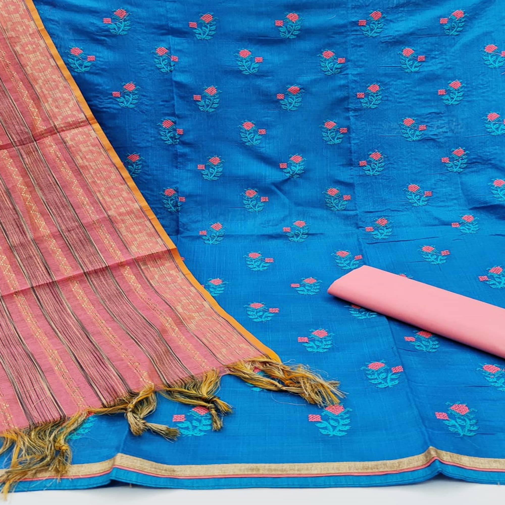 Charming Sky Blue Colored Casual Wear Embroidered Banarasi Cotton Dress Material - Peachmode