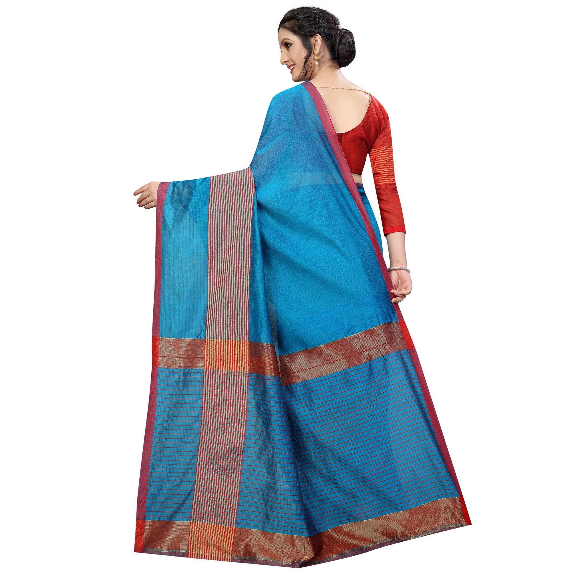Charming Sky Blue Colored Festive Wear Cotton Saree - Peachmode