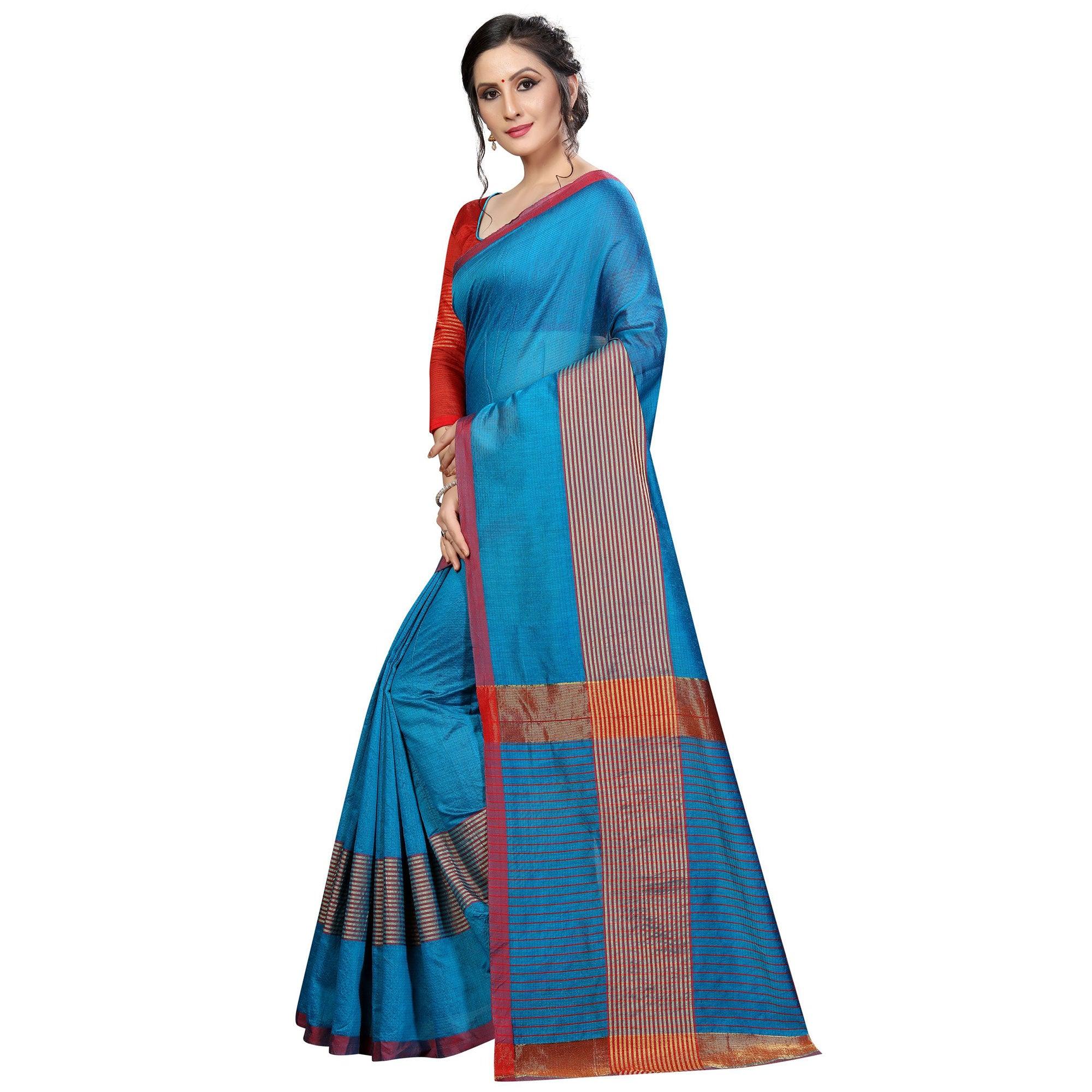 Charming Sky Blue Colored Festive Wear Cotton Saree - Peachmode