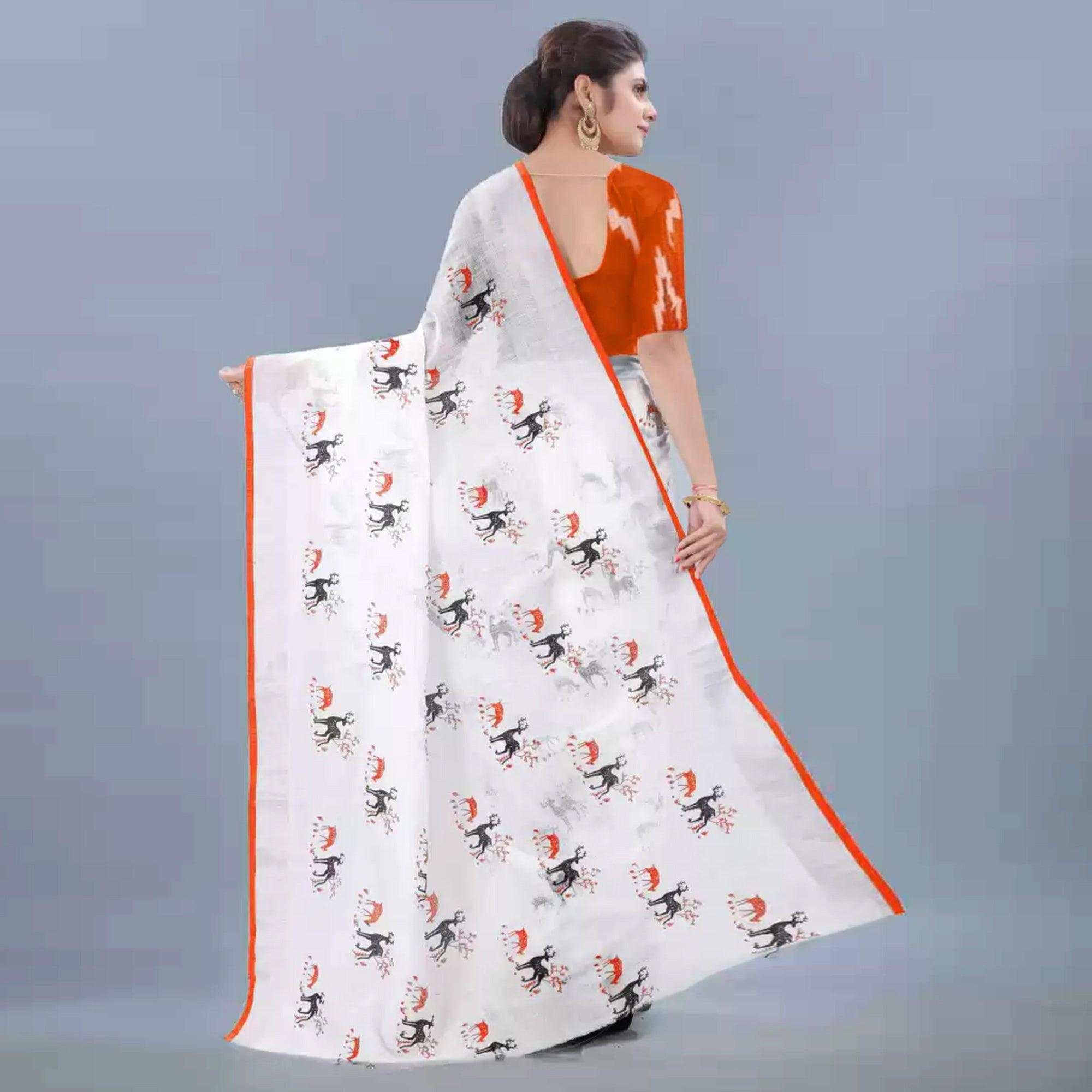 Charming White - Orange Colored Casual Wear Digital Printed Linen Saree - Peachmode