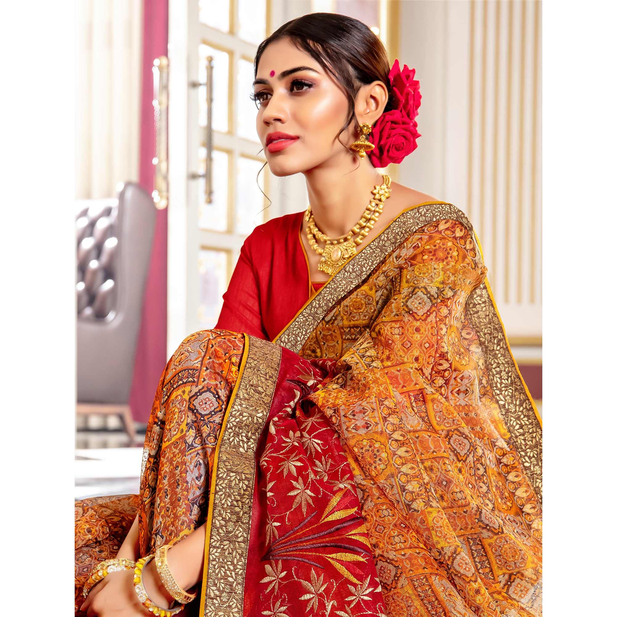 Charming Yellow - Red Colored Partywear Embroidered Silk Saree - Peachmode