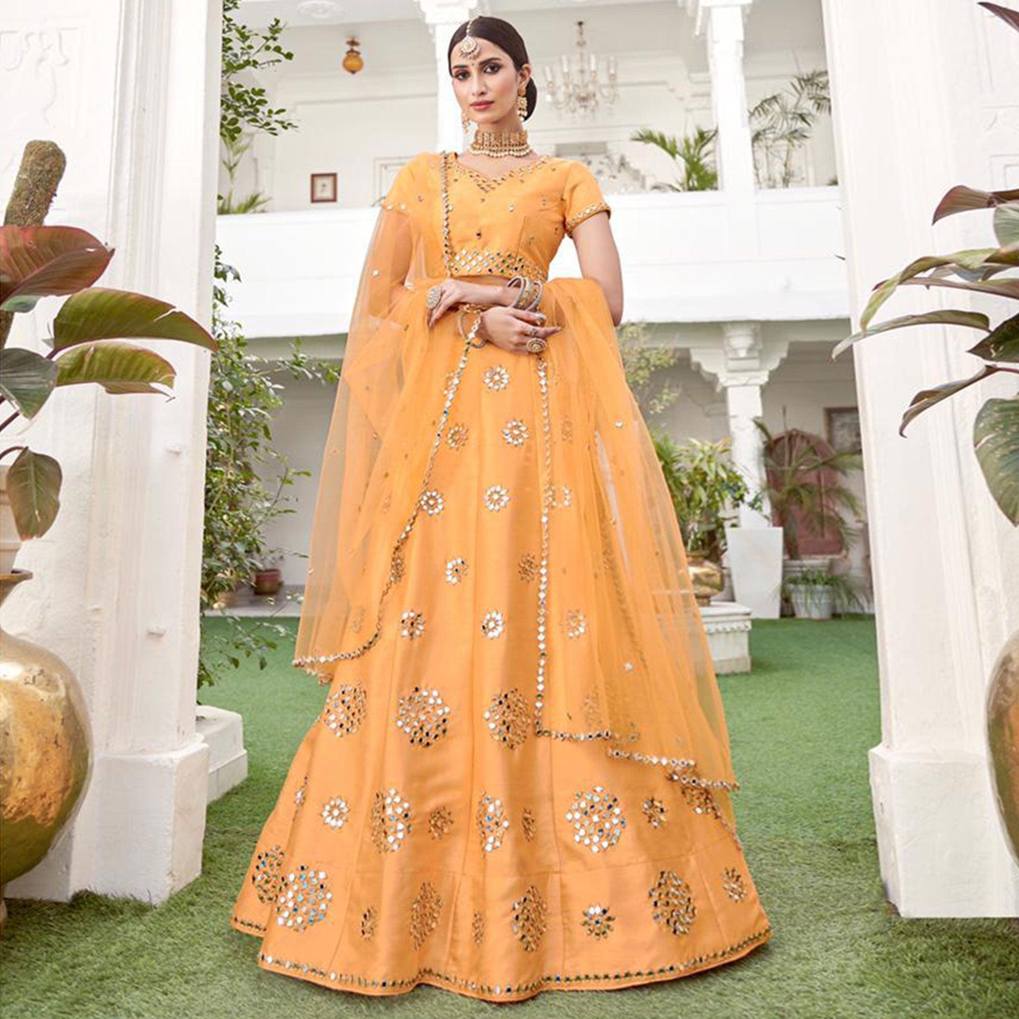 Charming Yellow Wedding Wear Zari Embroidery Heavy Silk Lehenga Choli - Peachmode
