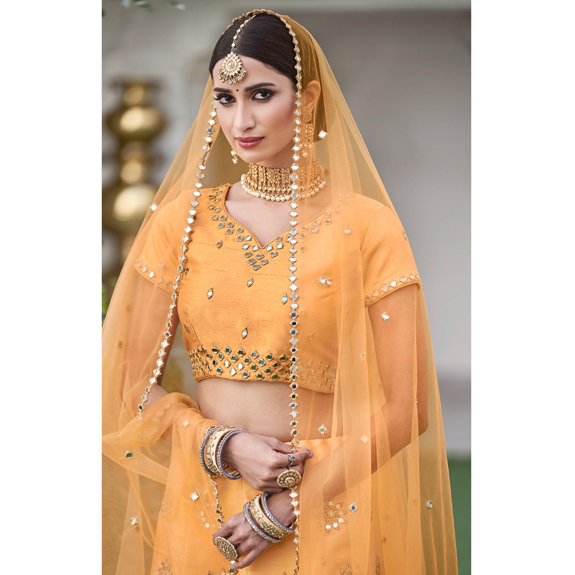 Charming Yellow Wedding Wear Zari Embroidery Heavy Silk Lehenga Choli - Peachmode
