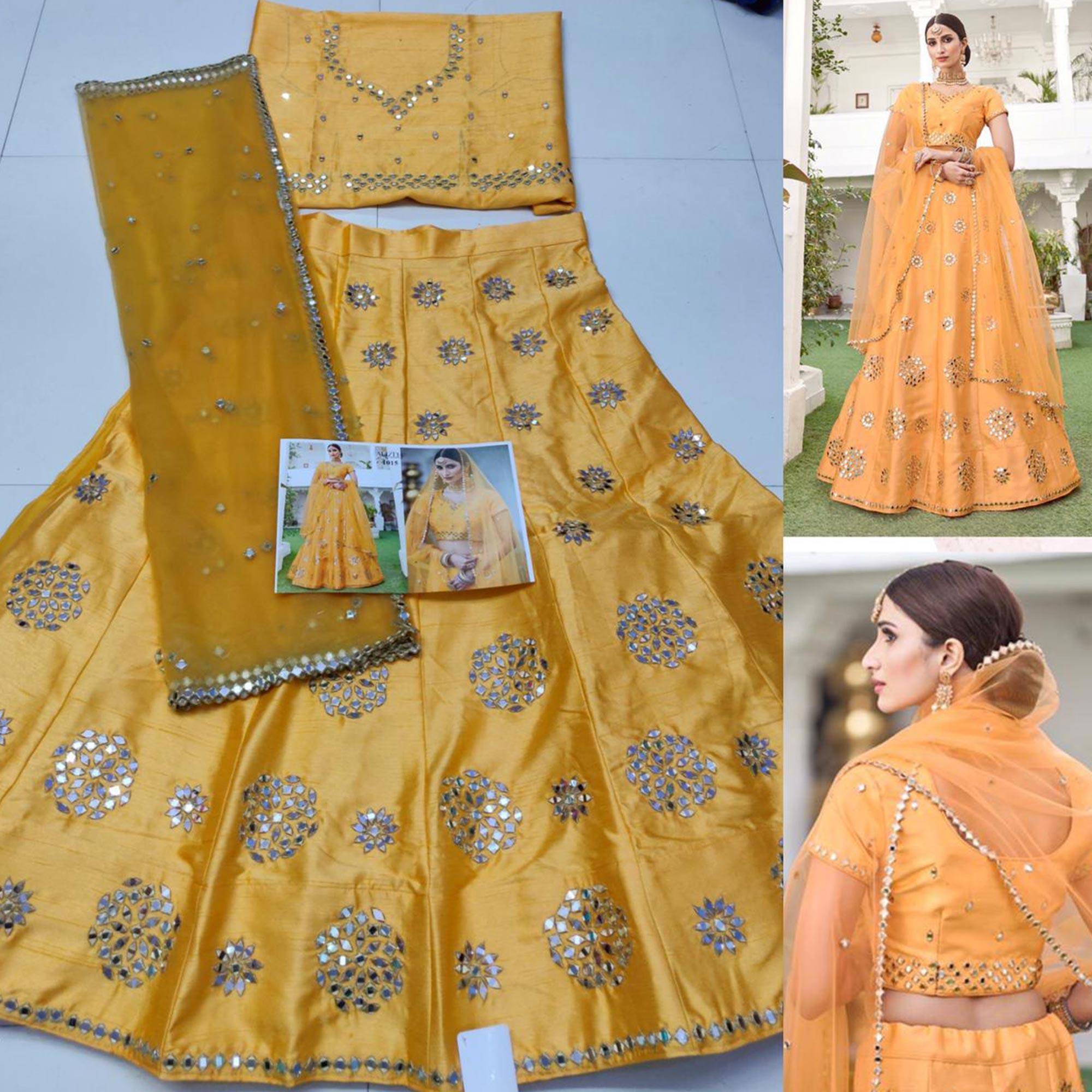 Charming Yellow Wedding Wear Zari Embroidery Heavy Silk Lehenga Choli - Peachmode