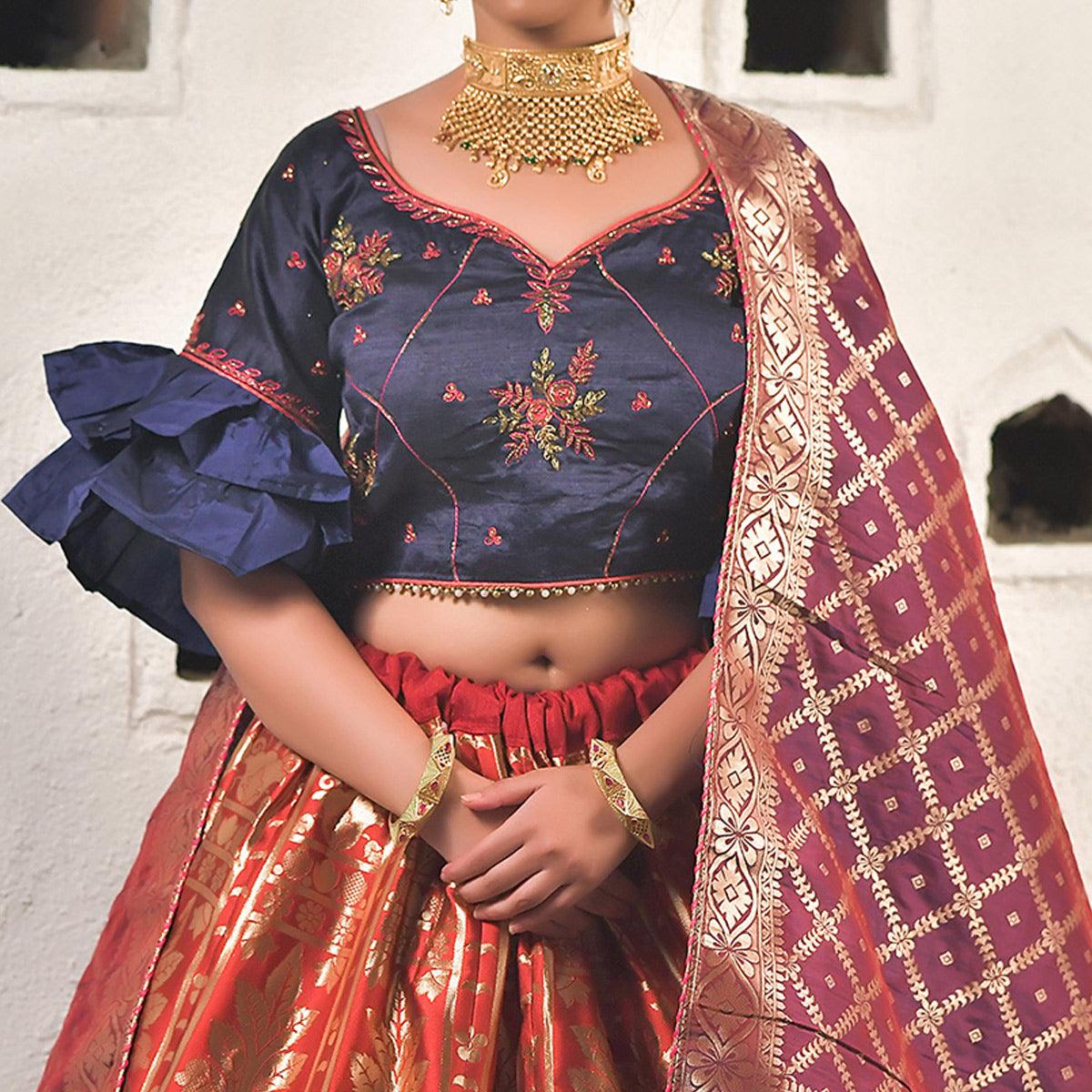 Cherry-Red Festive Wear Cutdana With Resham & Zardosi Work Banarasi Art Silk Lehenga Choli - Peachmode