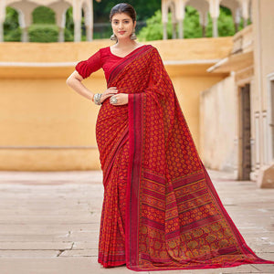 Cherry Red Printed Georgette Saree - Peachmode
