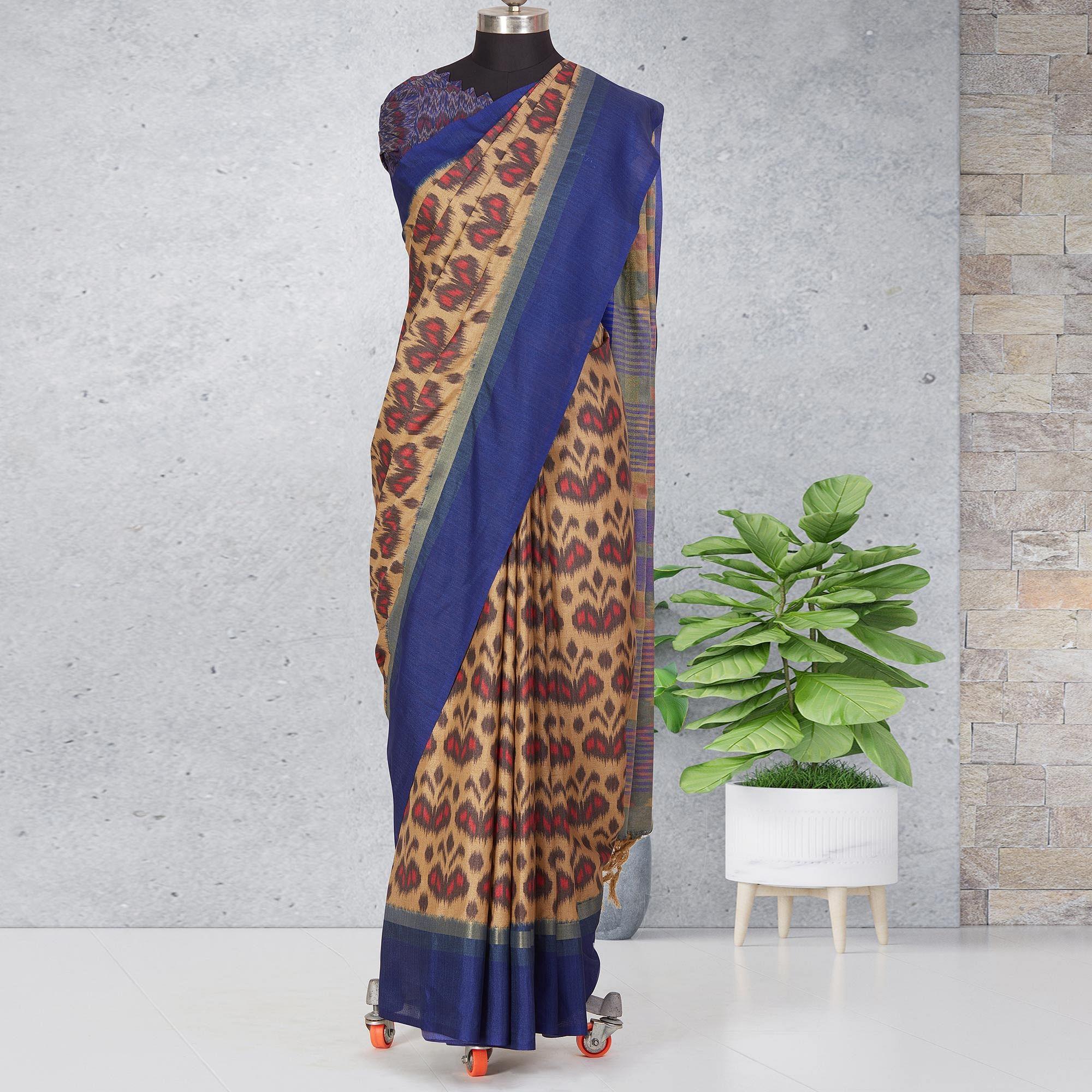 Chicku-Brown Festive Wear Digital Printed Cotton Saree - Peachmode