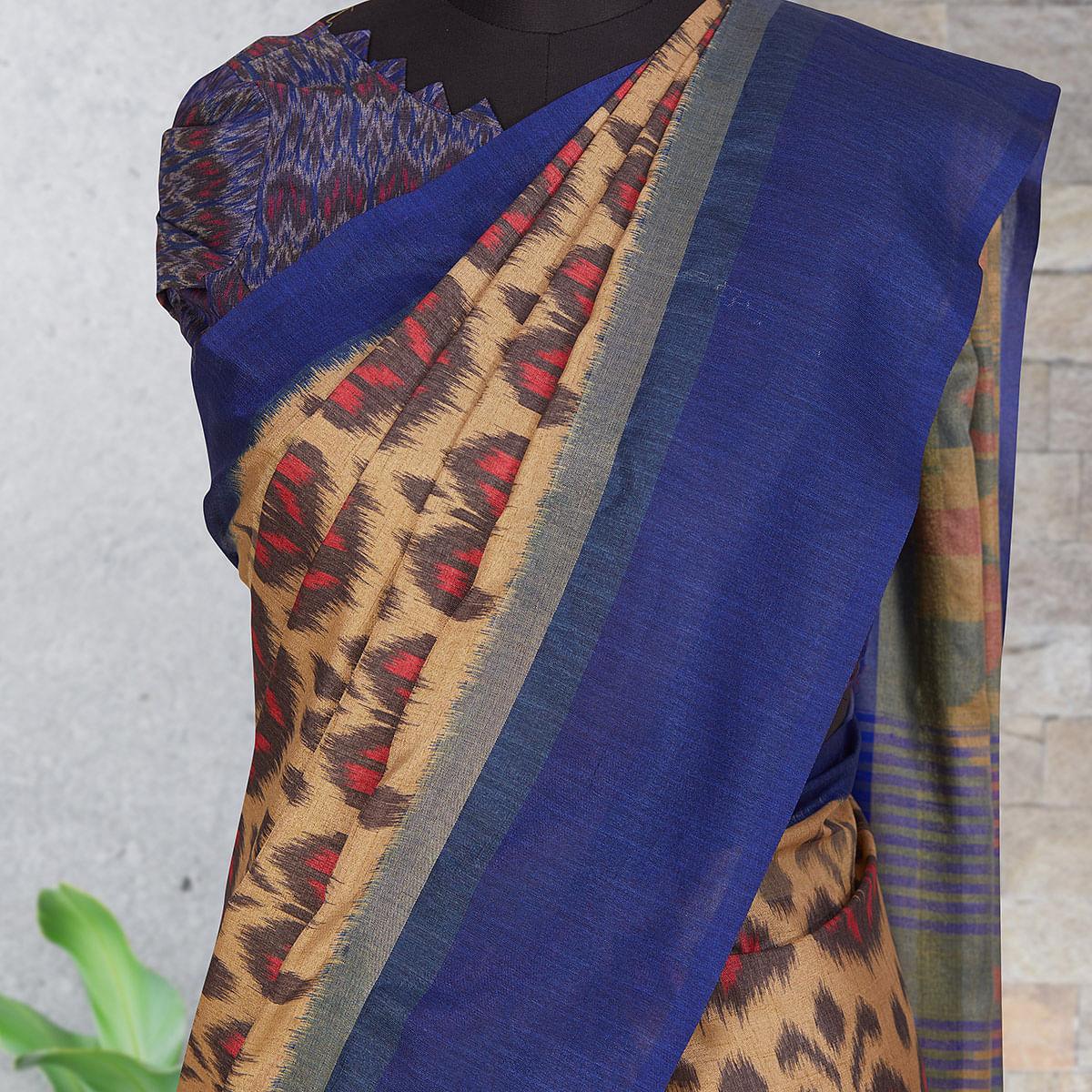 Chicku-Brown Festive Wear Digital Printed Cotton Saree - Peachmode