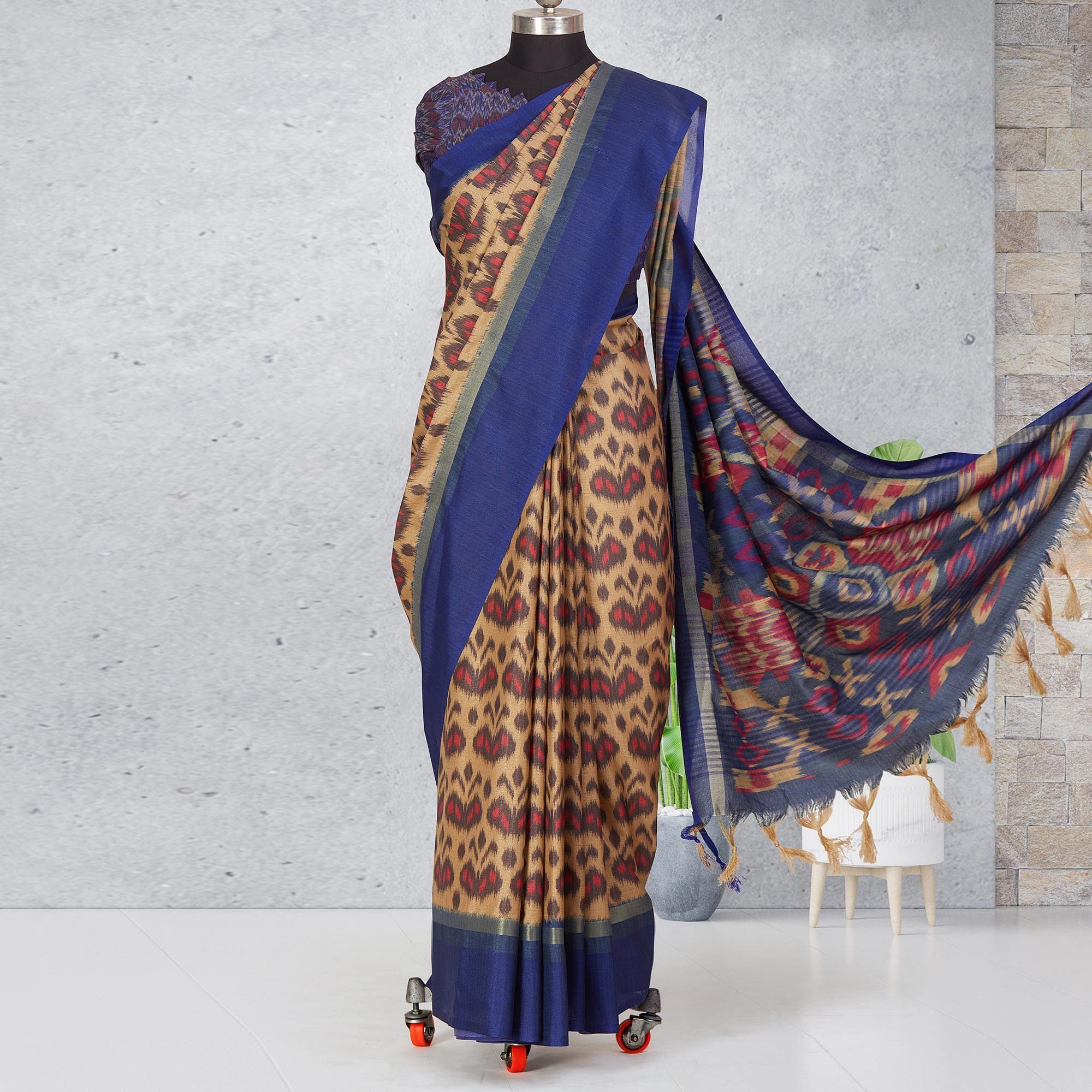 Chicku-Brown Festive Wear Digital Printed Cotton Saree - Peachmode