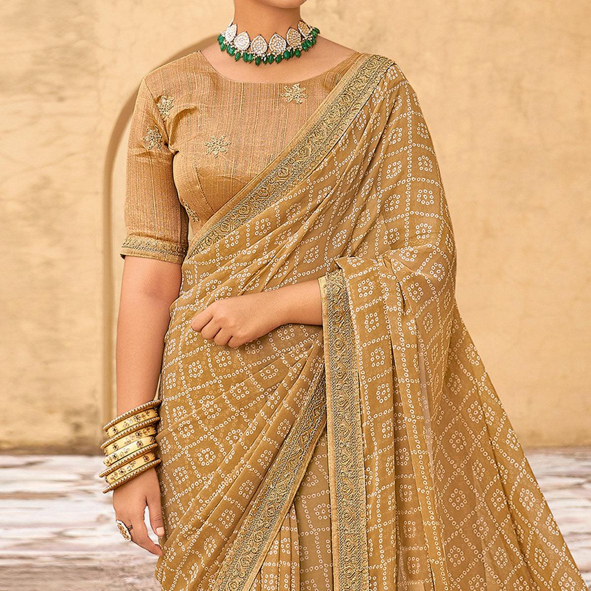 Chikoo Bandhani Printed Georgette Saree - Peachmode