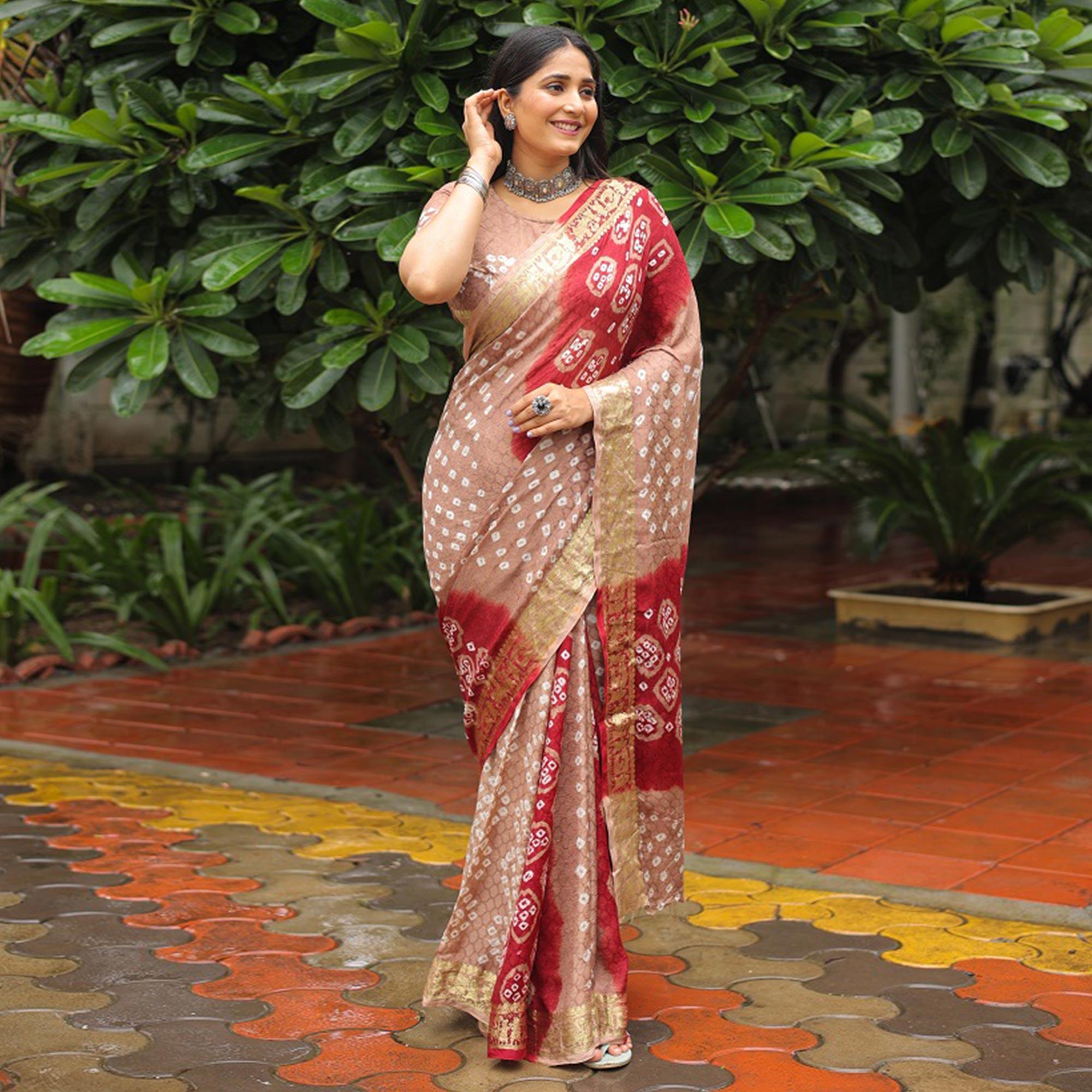 Chikoo Bandhani Printed With Woven Border Art Silk Saree - Peachmode