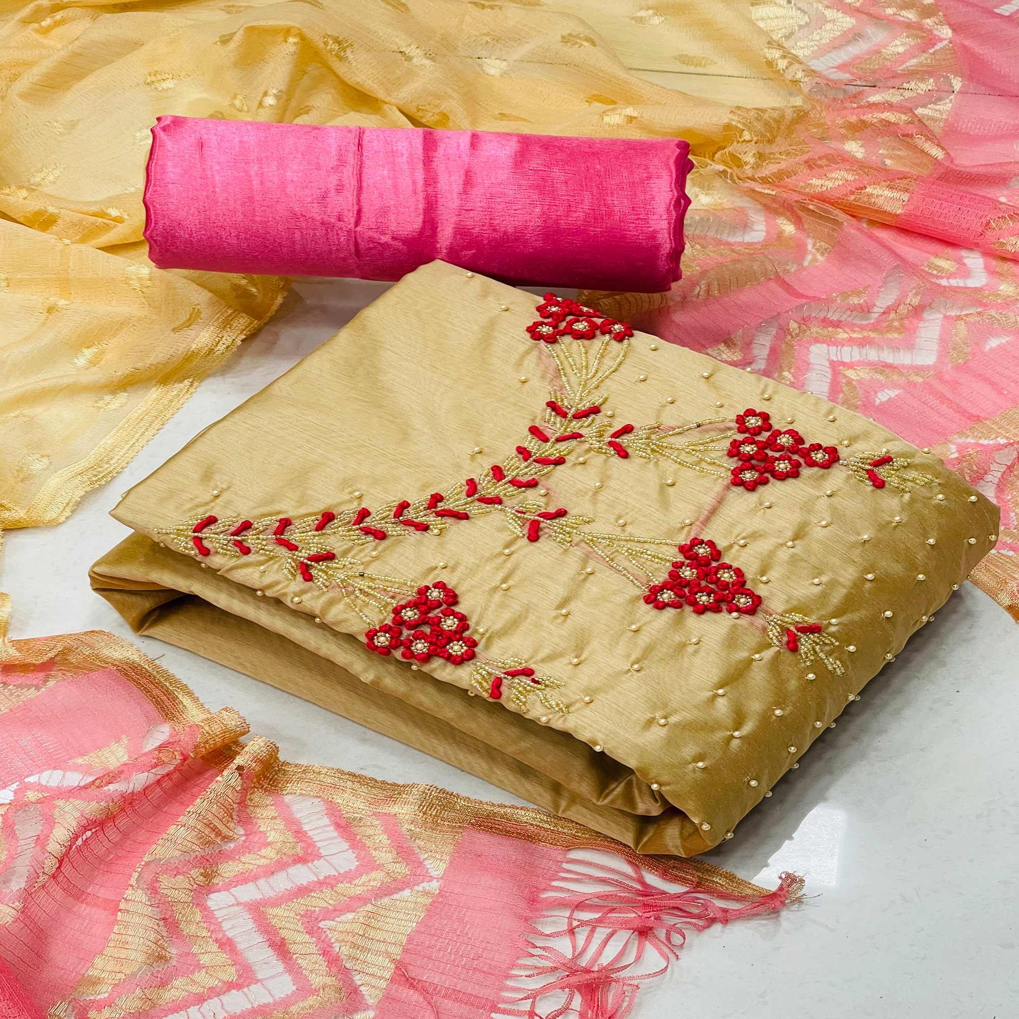 Chikoo Casual Wear Embellished With Embroidered Modal Silk Dress Material - Peachmode