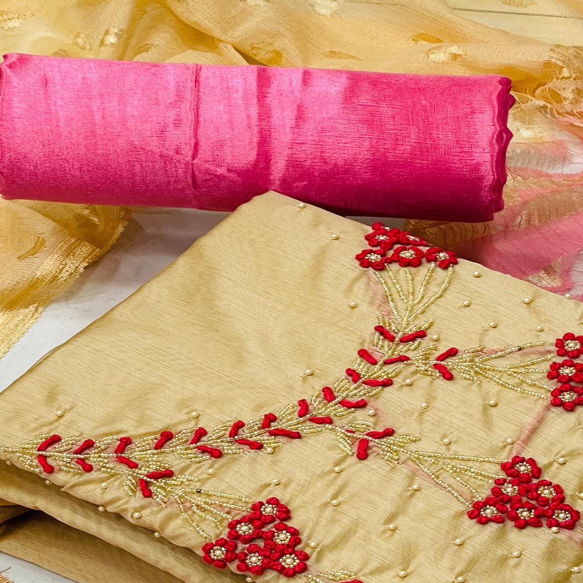 Chikoo Casual Wear Embellished With Embroidered Modal Silk Dress Material - Peachmode