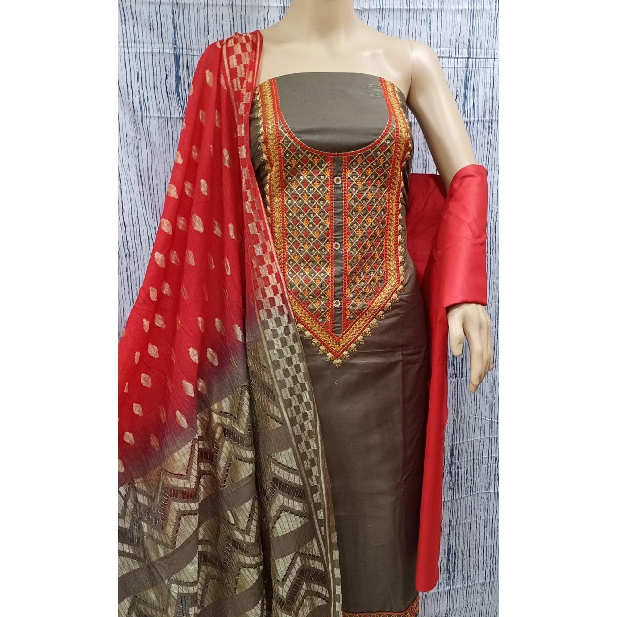 Chikoo Casual Wear Embroidered Cotton Dress Material - Peachmode