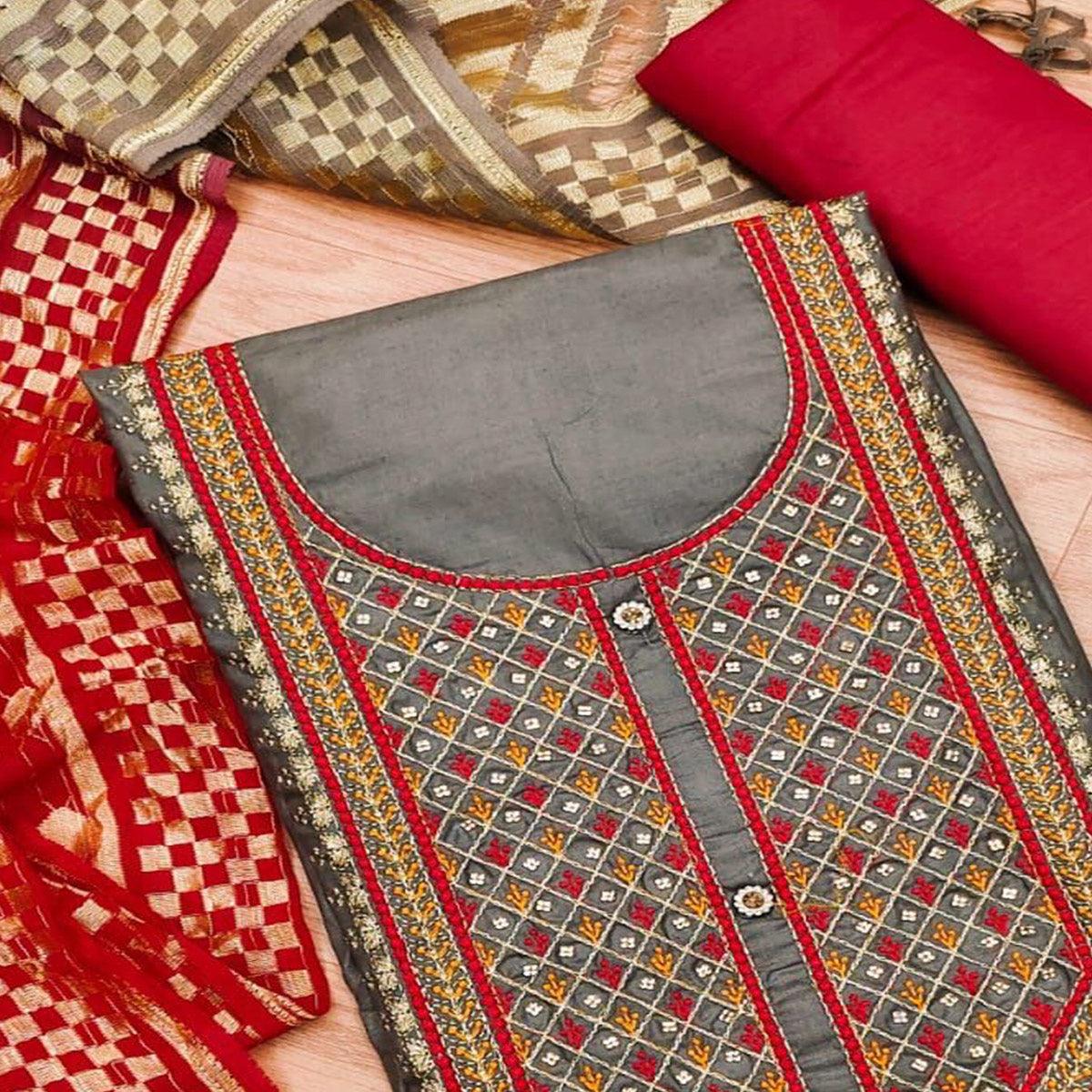 Chikoo Casual Wear Embroidered Cotton Dress Material - Peachmode