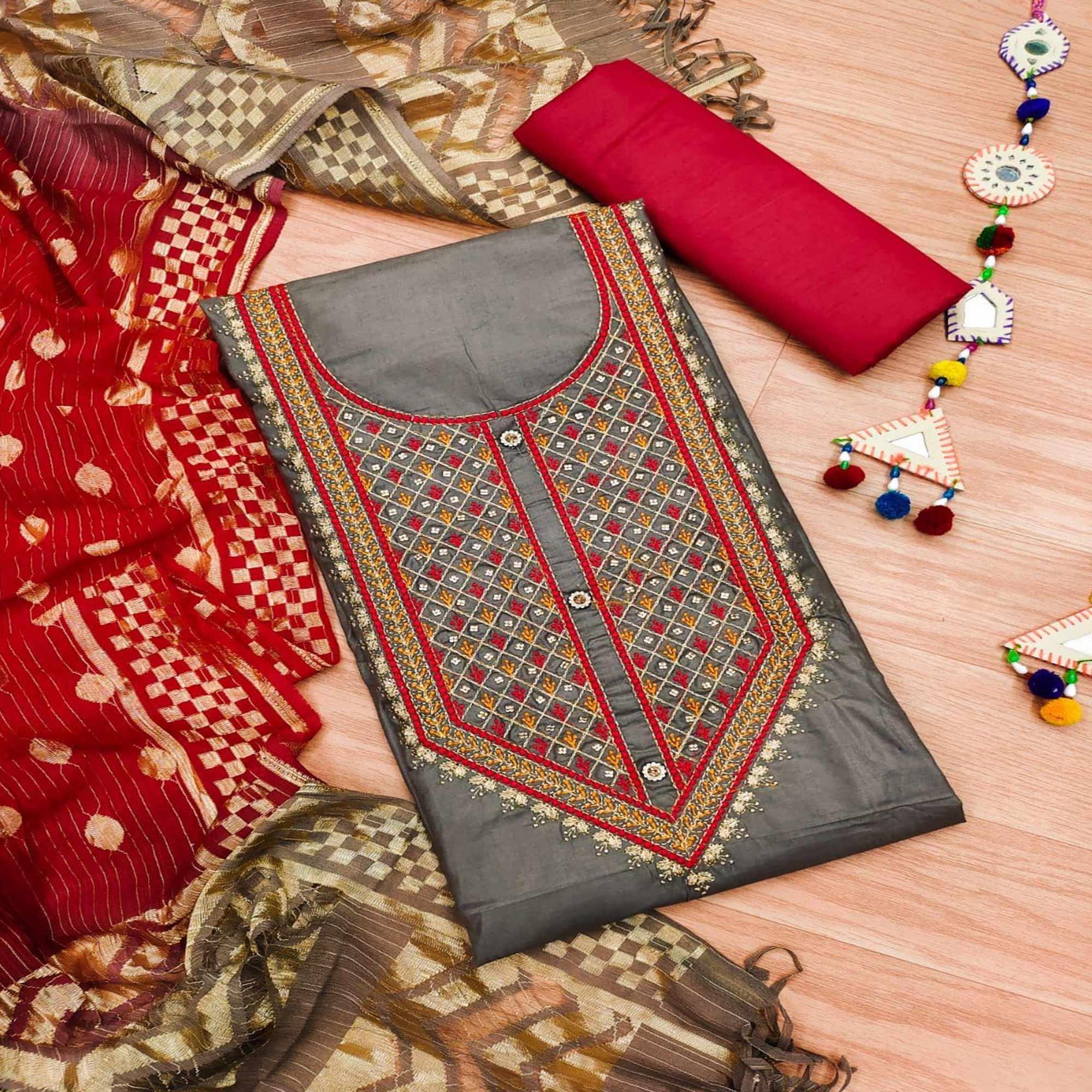 Chikoo Casual Wear Embroidered Cotton Dress Material - Peachmode