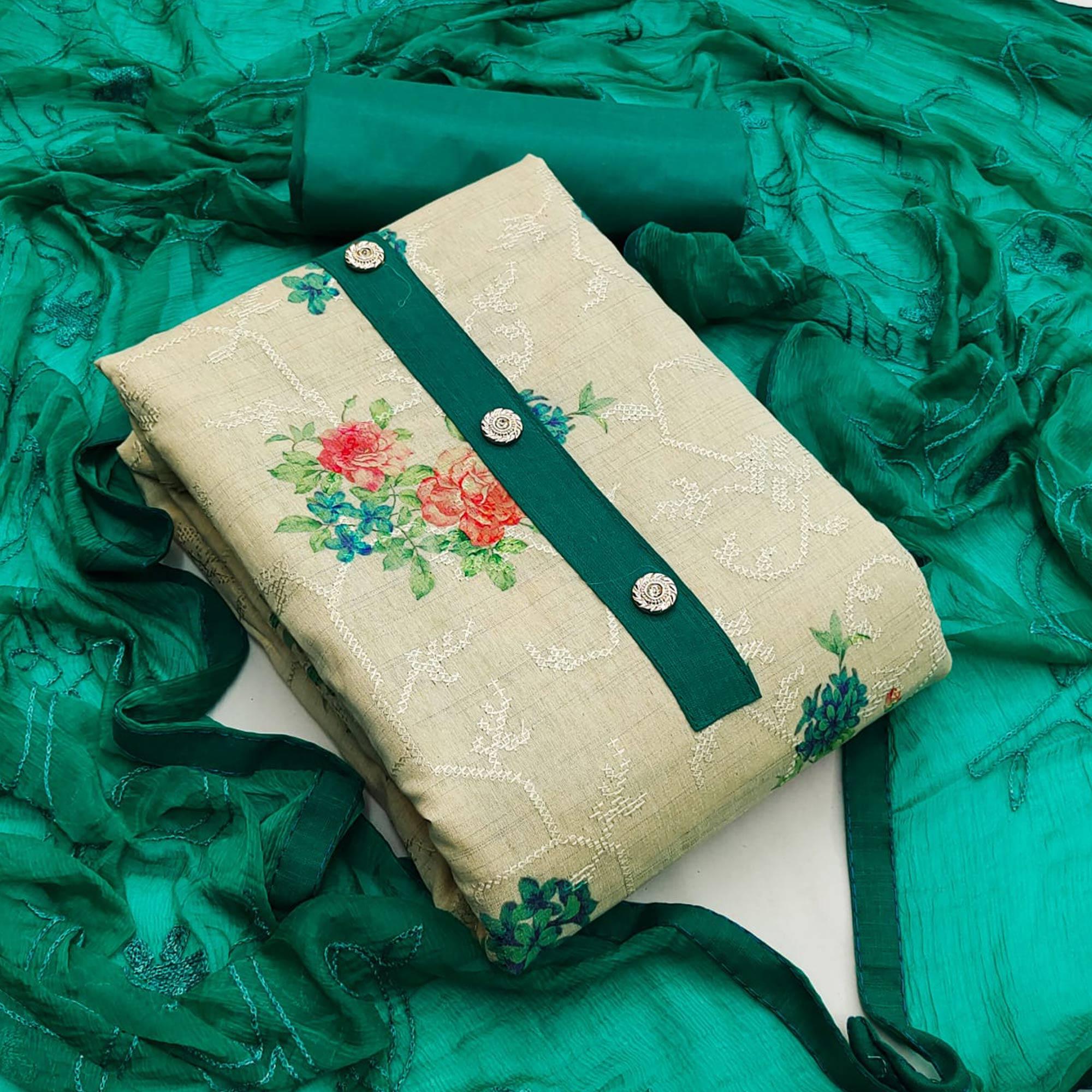 Chikoo Casual Wear Embroidery With Floral Printed Cotton Dress Material - Peachmode