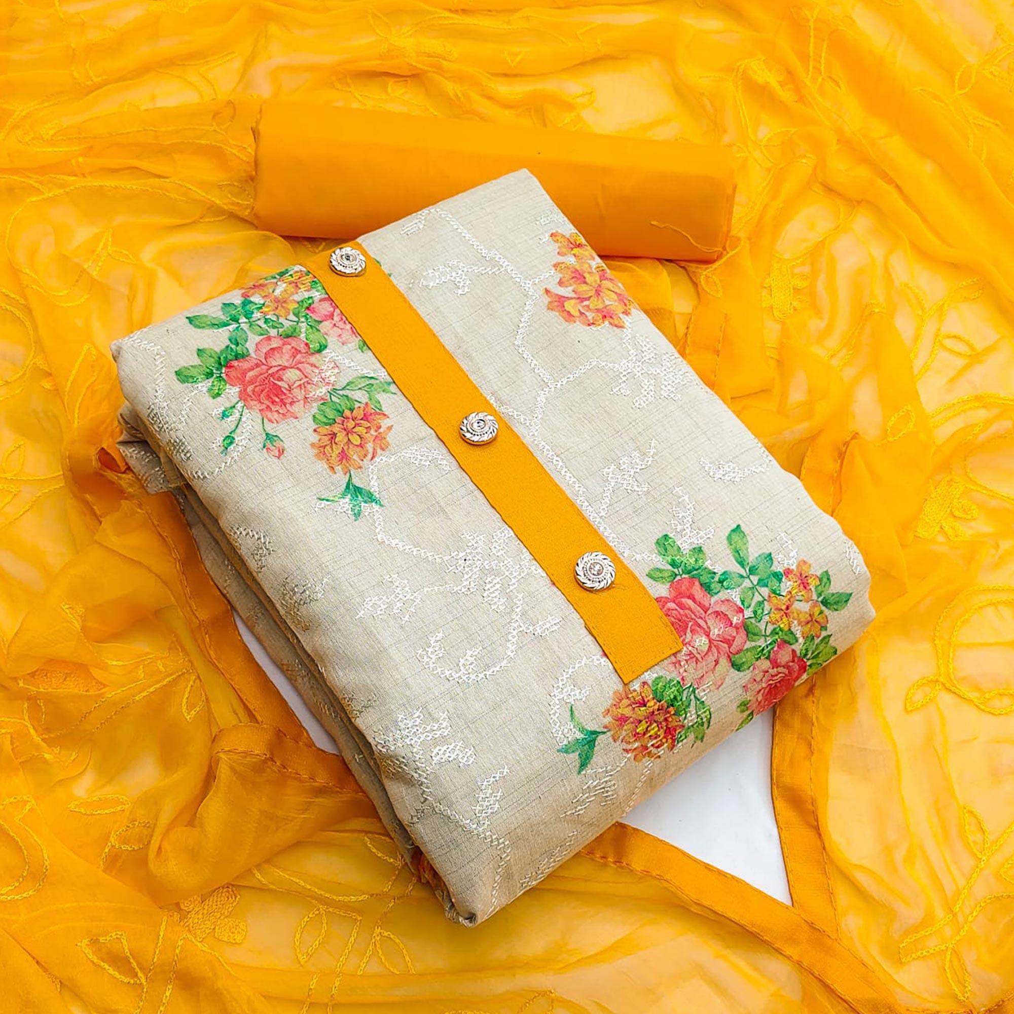 Chikoo Casual Wear Embroidery With Floral Printed Cotton Dress Material - Peachmode