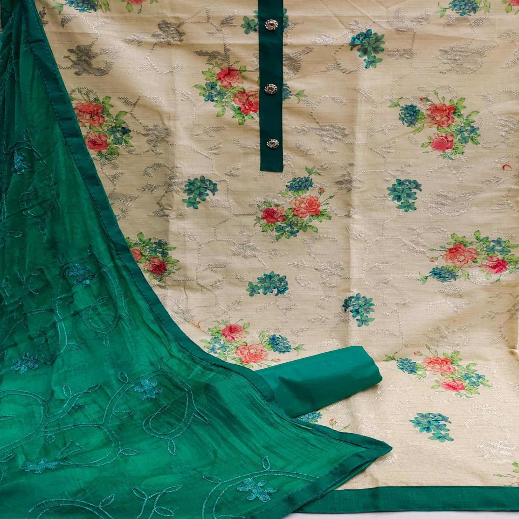 Chikoo Casual Wear Embroidery With Floral Printed Cotton Dress Material - Peachmode