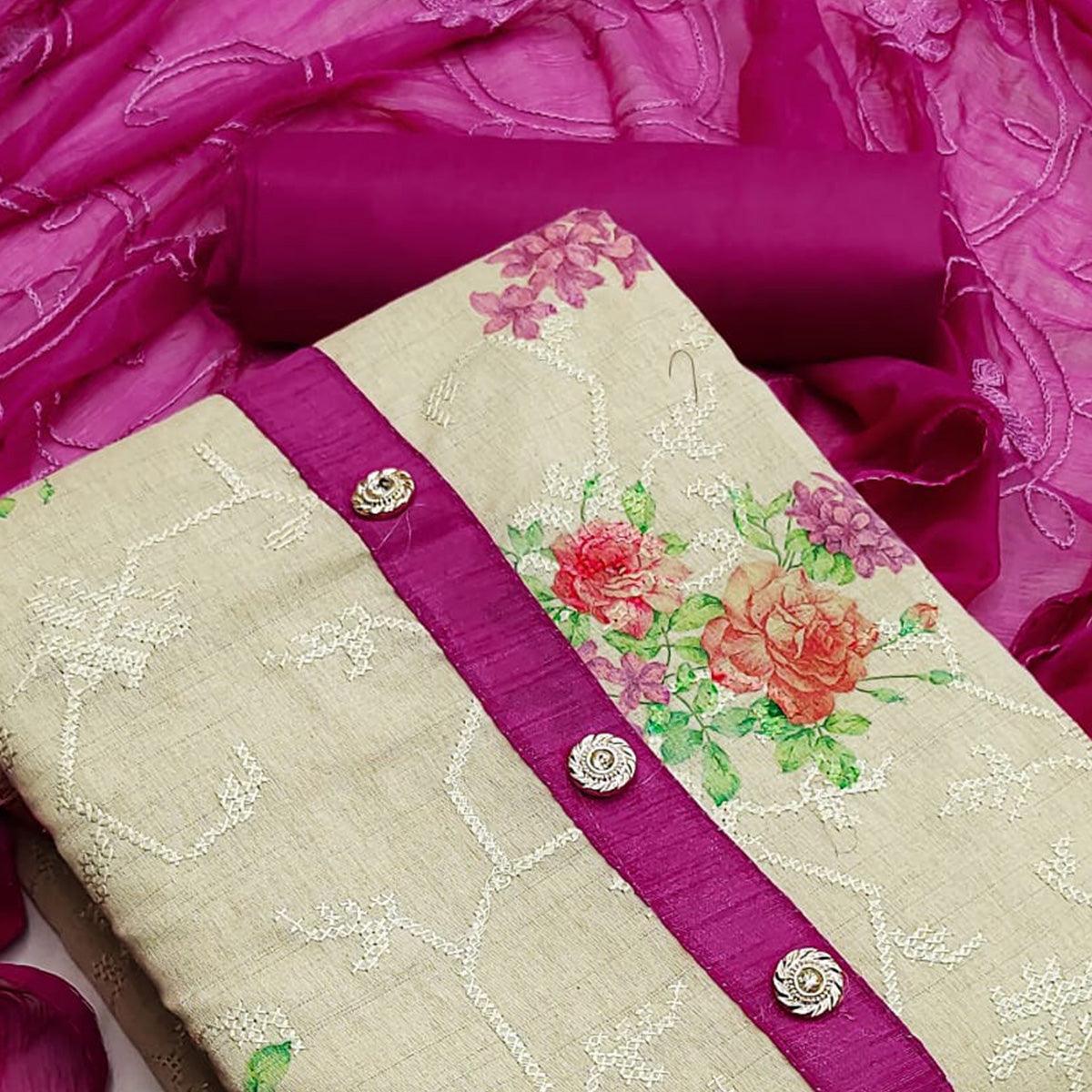 Chikoo Casual Wear Embroidery With Floral Printed Cotton Dress Material - Peachmode