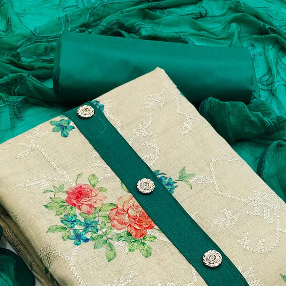 Chikoo Casual Wear Embroidery With Floral Printed Cotton Dress Material - Peachmode