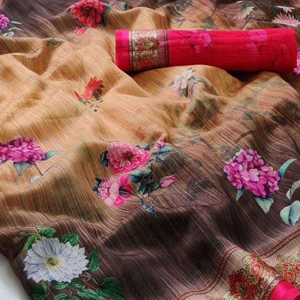 Chikoo Casual Wear Floral Digital Printed Linen Saree - Peachmode