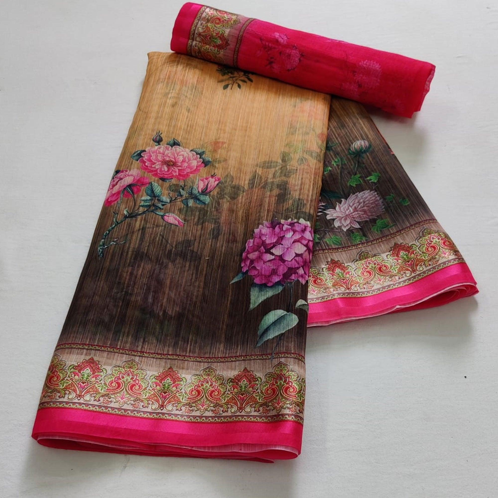 Chikoo Casual Wear Floral Digital Printed Linen Saree - Peachmode