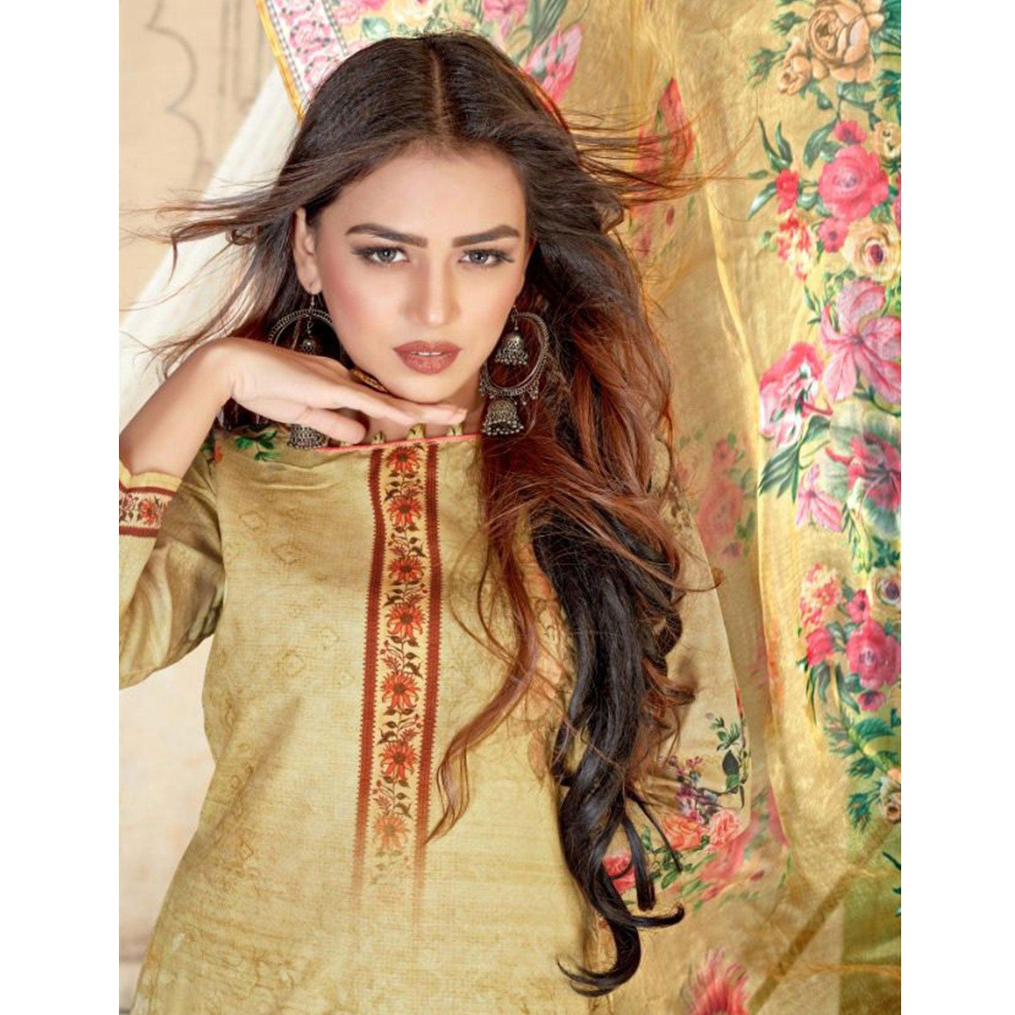 Chikoo Casual Wear Floral Printed Poly Cotton Dress Material - Peachmode