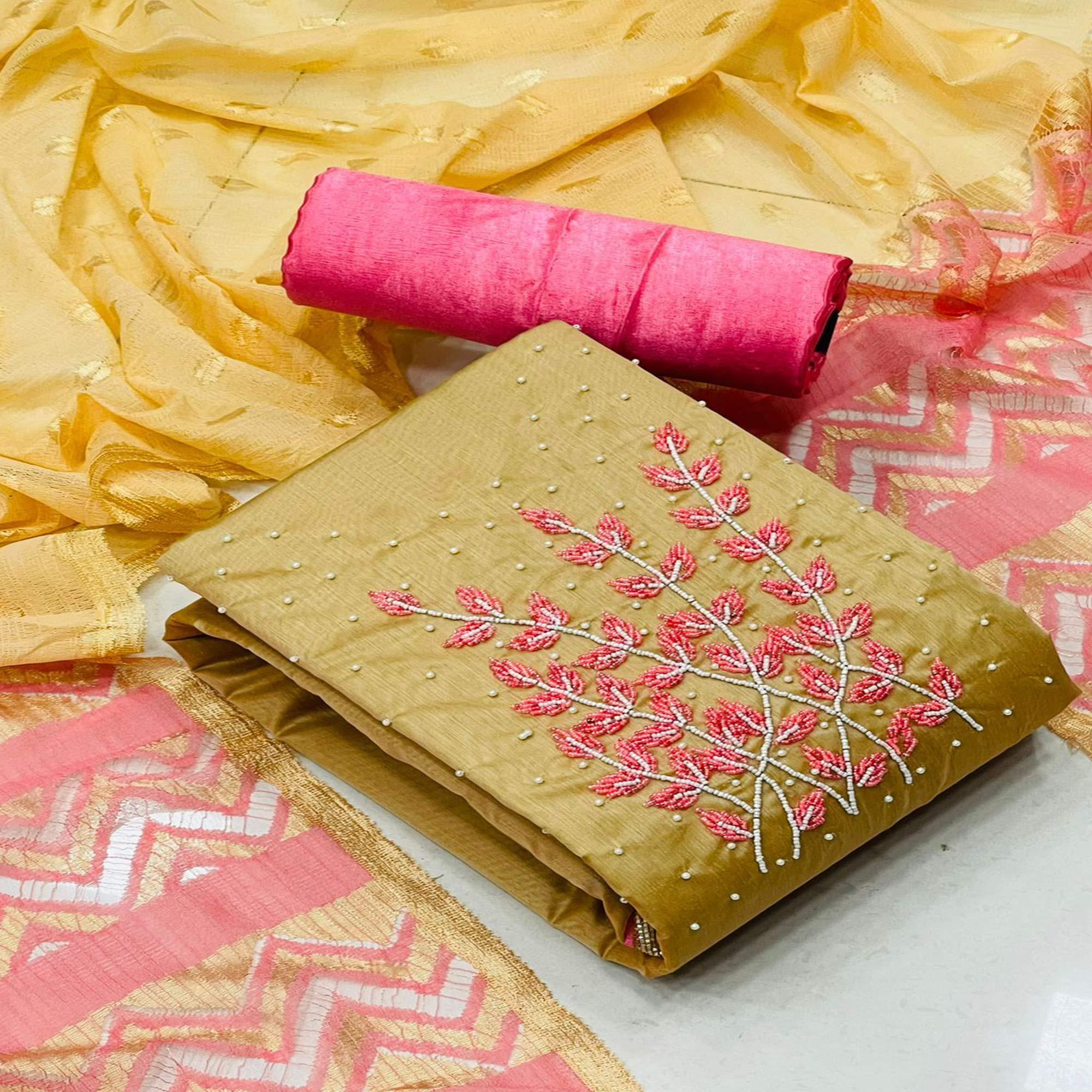 Chikoo Casual Wear Pearl Handwork Modal Silk Dress Material - Peachmode