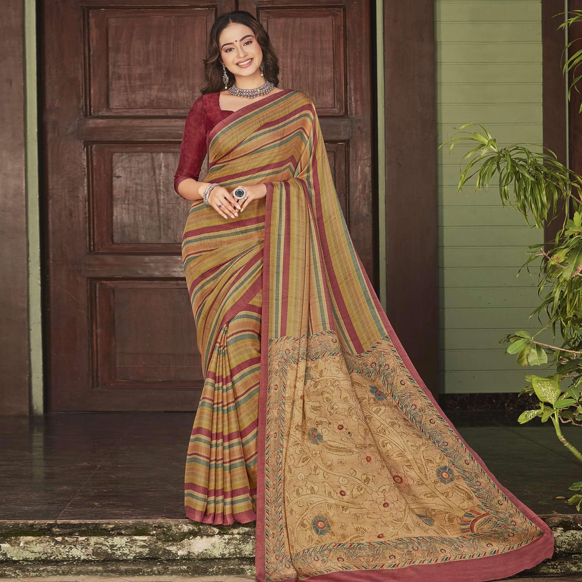 Chikoo Casual Wear Printed Crepe Saree - Peachmode